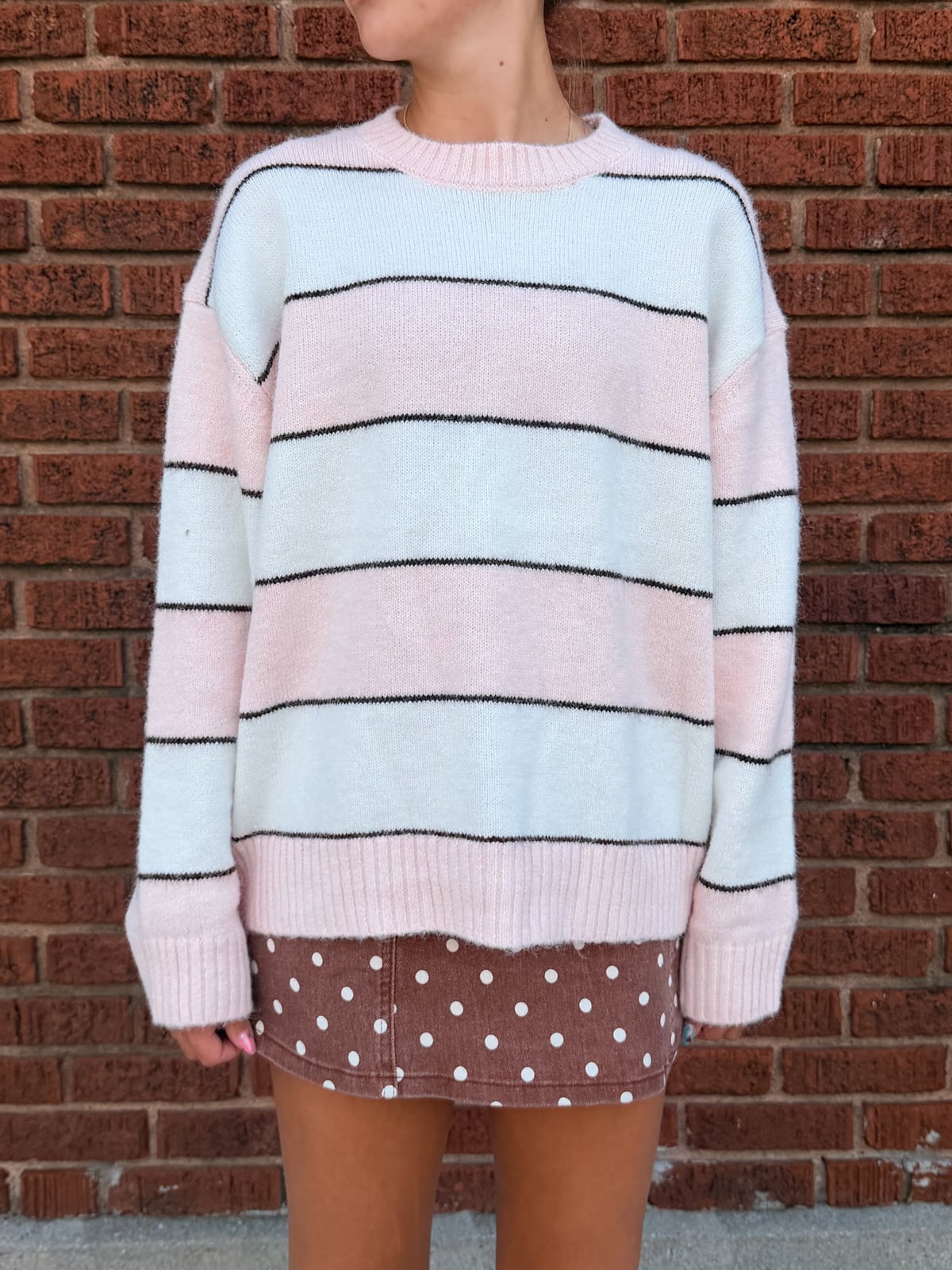 Striped Oversized Sweater with Polka Dot Skirt Striped Oversized Sweater with Polka Dot Skirt — Aesthetic Pink Sweater Outfit