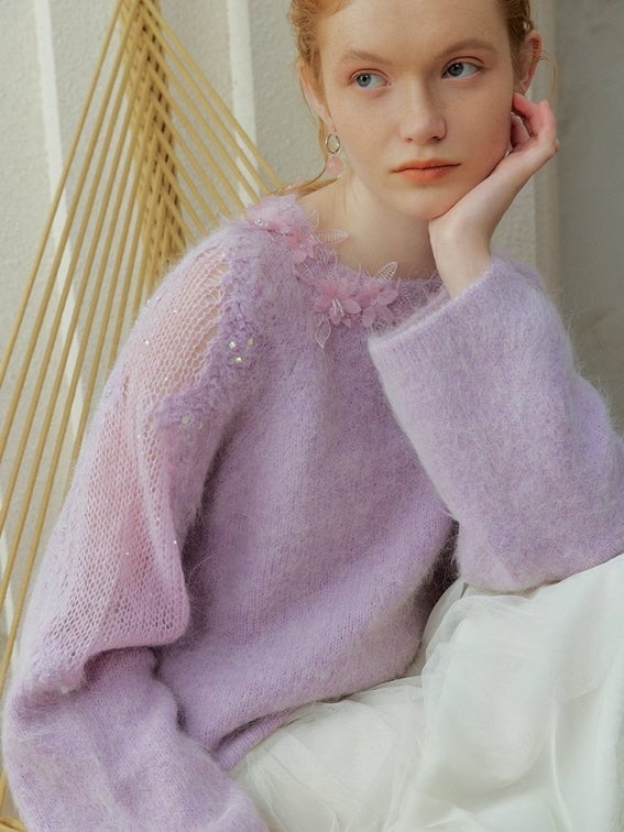 Fuzzy Pink Sweater with Floral Appliqué Fuzzy Pink Sweater with Floral Appliqué — Aesthetic Pink Sweater Outfit