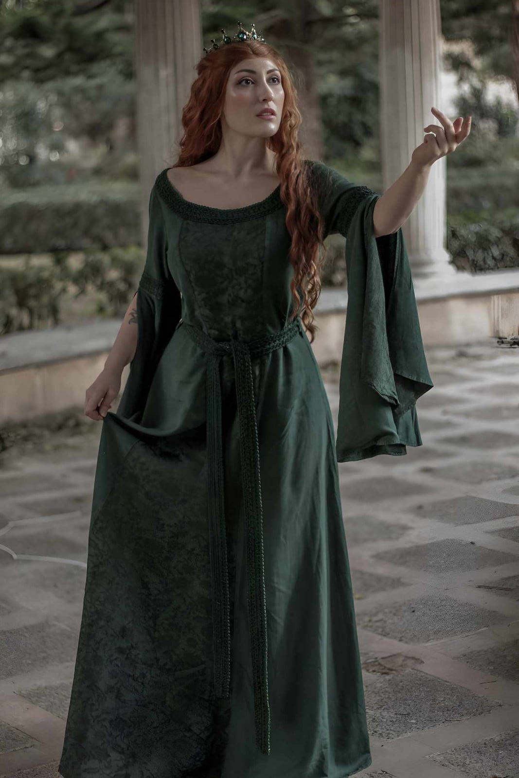 Deep Green Bell Sleeve Dress with Crown Deep Green Bell Sleeve Dress with Crown — Aesthetic Queen Dress