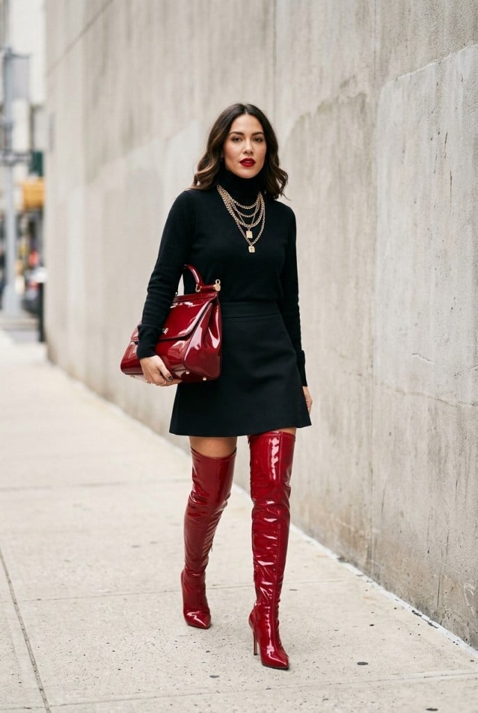 Red Patent Thigh High Boots With Mini Skirt Red Patent Thigh High Boots With Mini Skirt — Aesthetic Red Boots Outfit