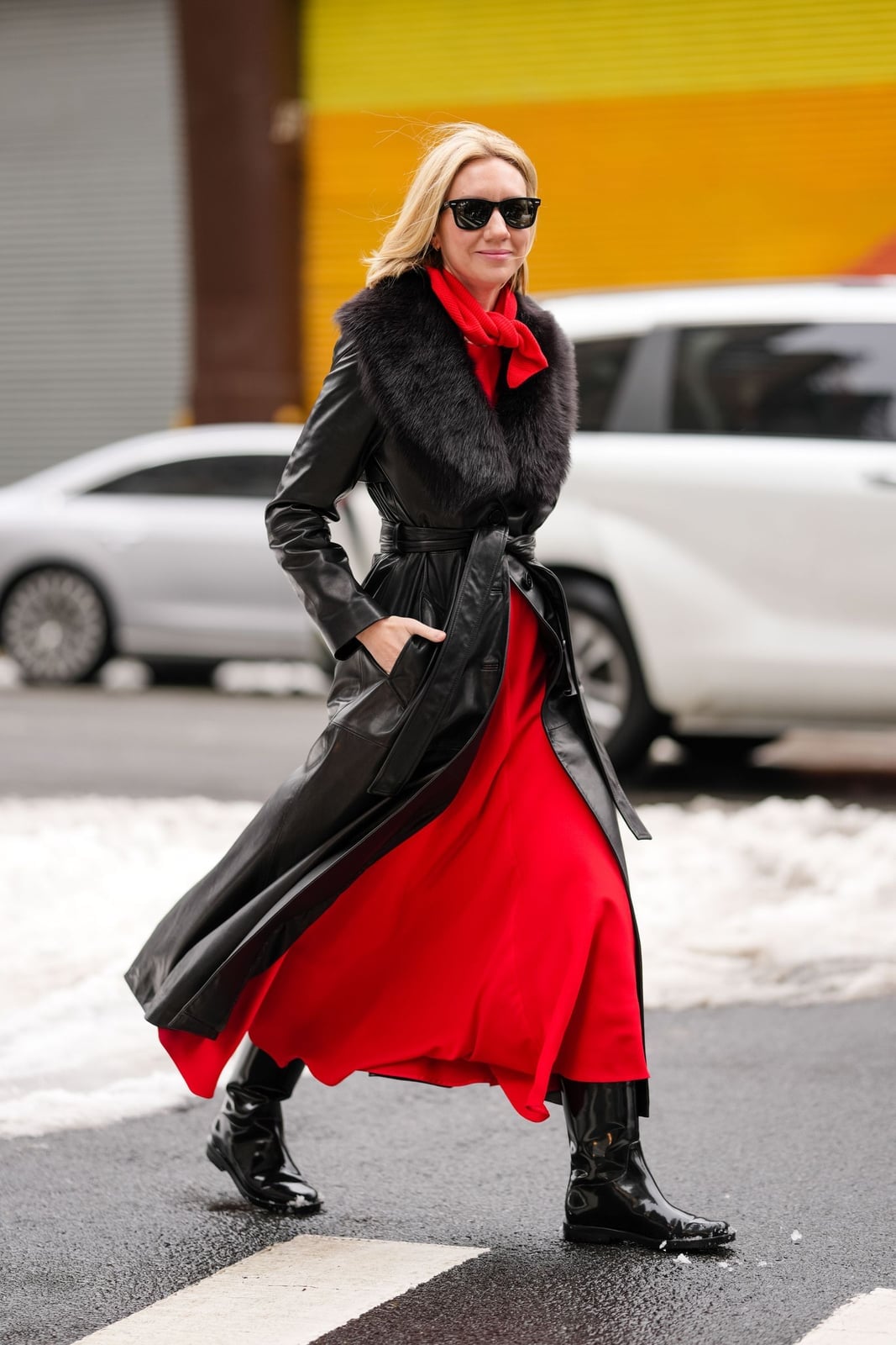 Red Dress With Black Leather Trench Coat And Black Boots Red Dress With Black Leather Trench Coat And Black Boots — Aesthetic Red Boots Outfit