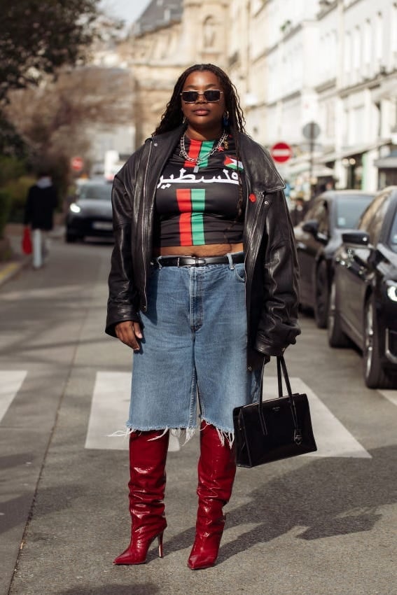 Red Knee High Boots With Leather Jacket And Denim Shorts Red Knee High Boots With Leather Jacket And Denim Shorts — Aesthetic Red Boots Outfit