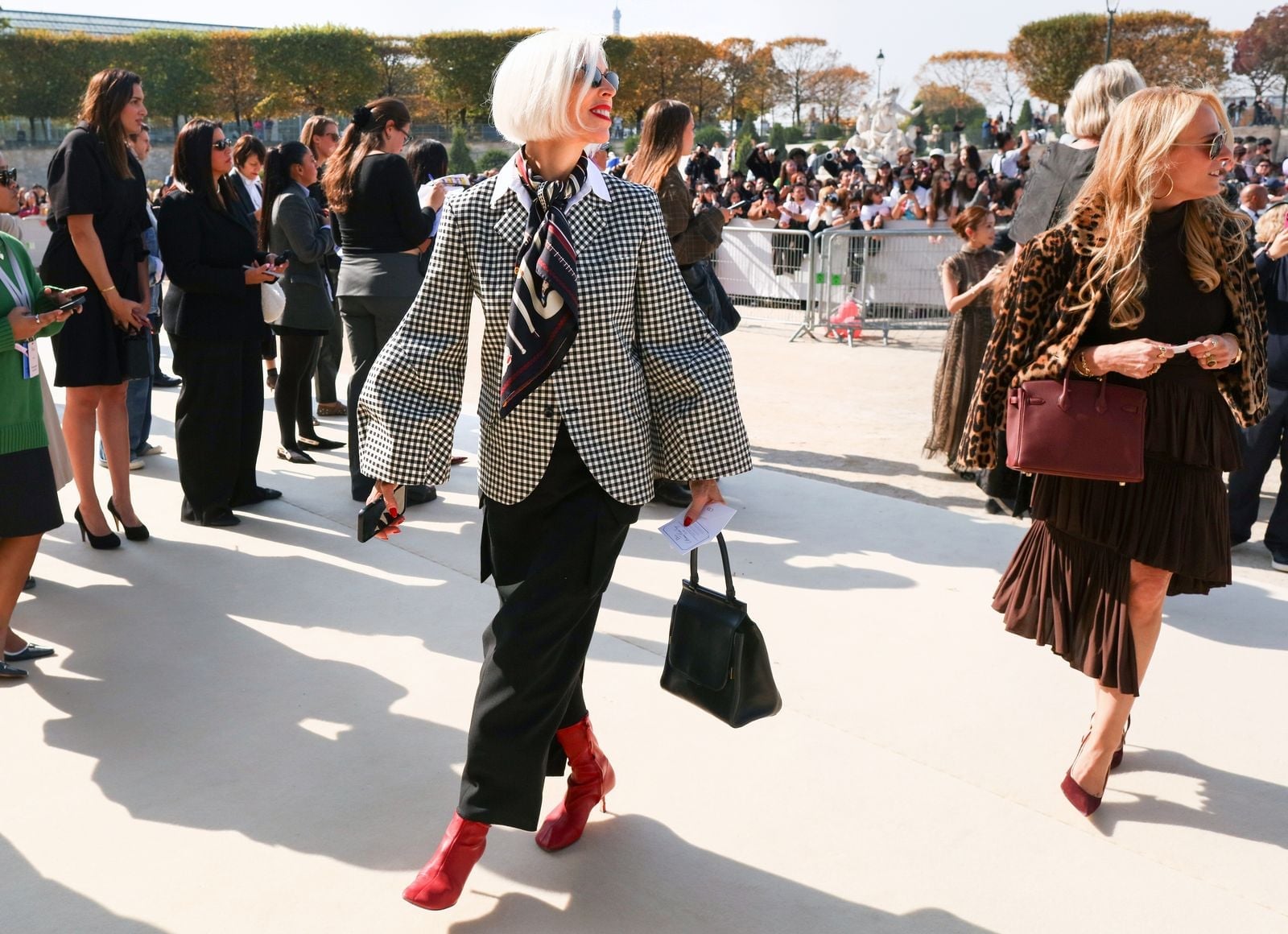 Red Block Heel Ankle Boots With Gingham Blazer And Black Trousers Red Block Heel Ankle Boots With Gingham Blazer And Black Trousers — Aesthetic Red Boots Outfit