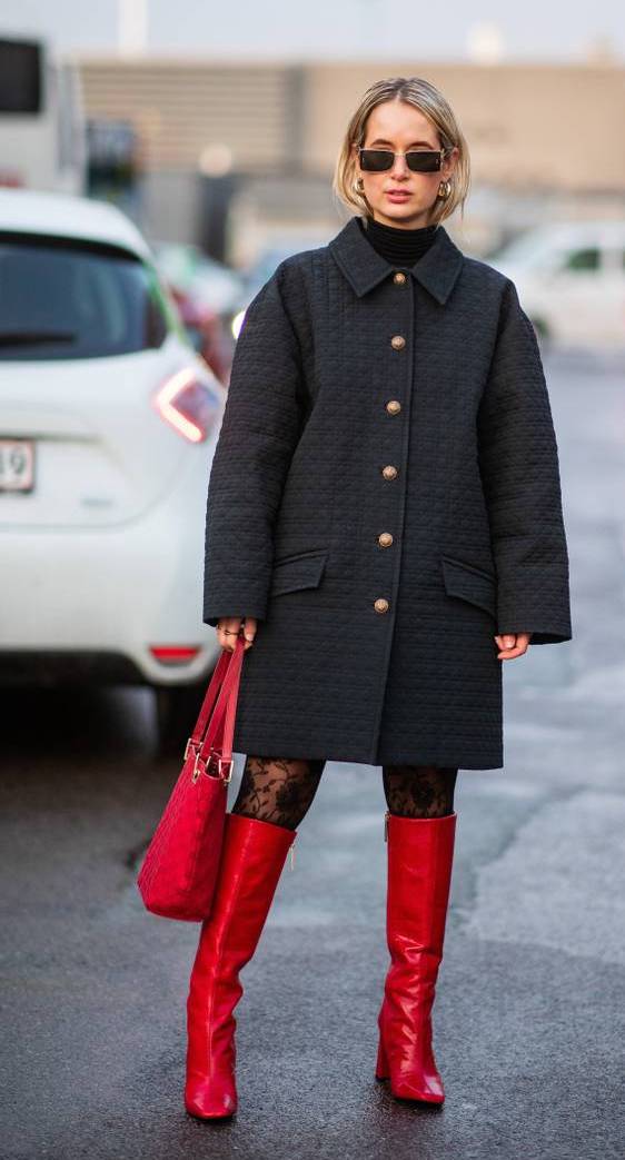 Red Patent Knee High Boots With Quilted Coat Red Patent Knee High Boots With Quilted Coat — Aesthetic Red Boots Outfit