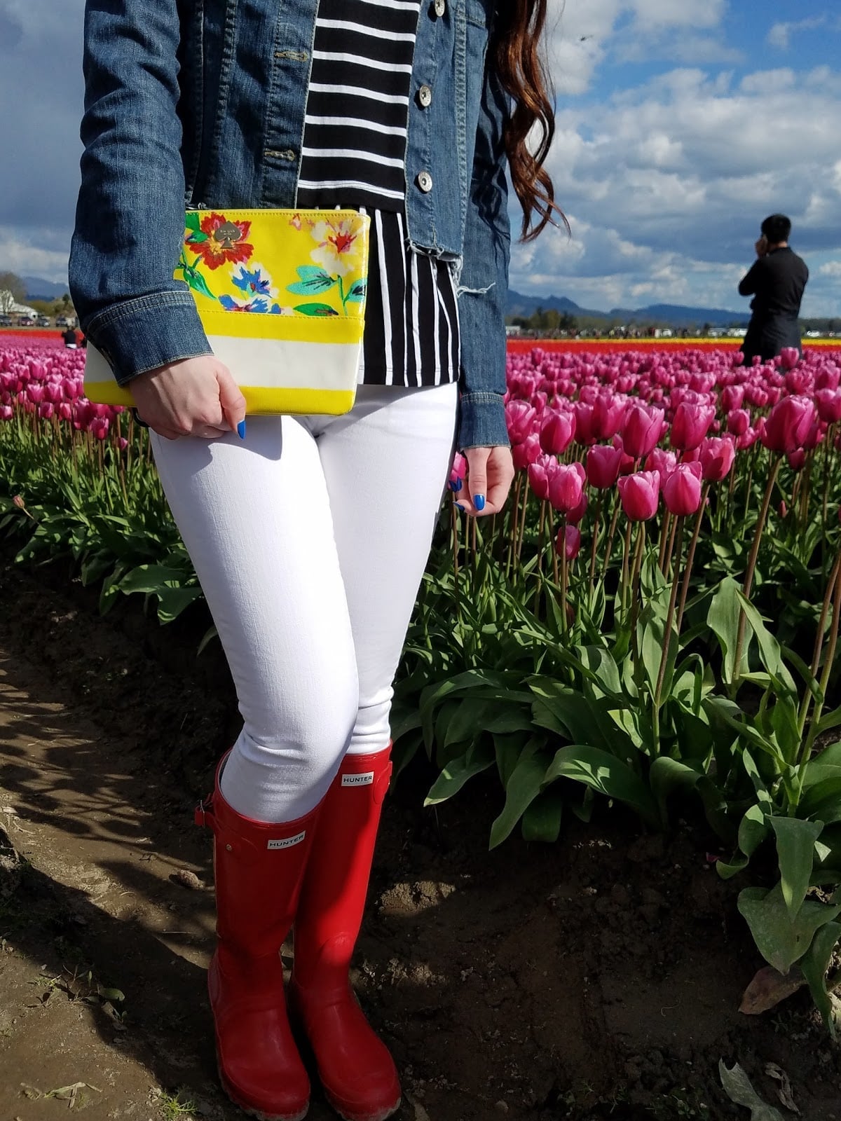 Red Rubber Boots With Striped Top And Denim Jacket Red Rubber Boots With Striped Top And Denim Jacket — Aesthetic Red Boots Outfit