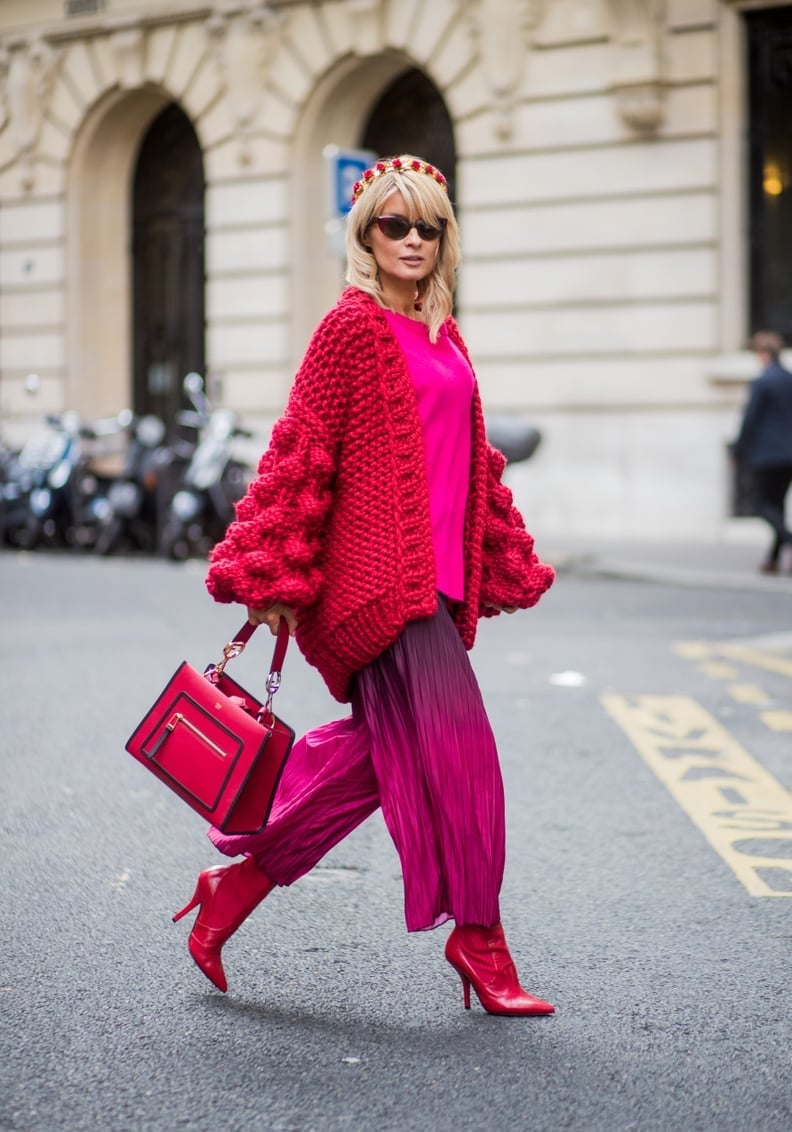 Red Ankle Boots With Oversized Cardigan And Purple Pants Red Ankle Boots With Oversized Cardigan And Purple Pants — Aesthetic Red Boots Outfit