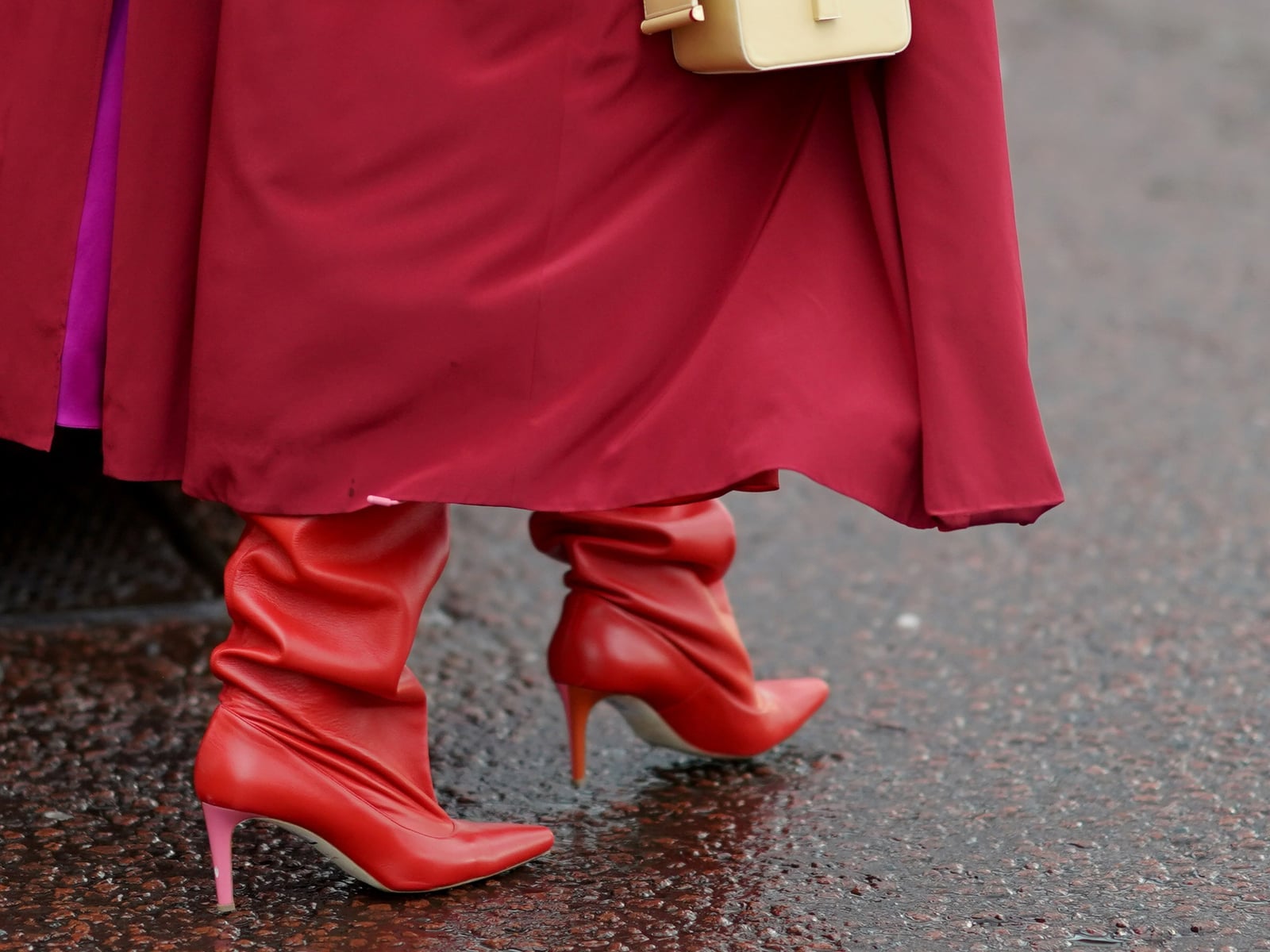 Red Slouchy Ankle Boots With Pink Heels And Red Dress Red Slouchy Ankle Boots With Pink Heels And Red Dress — Aesthetic Red Boots Outfit
