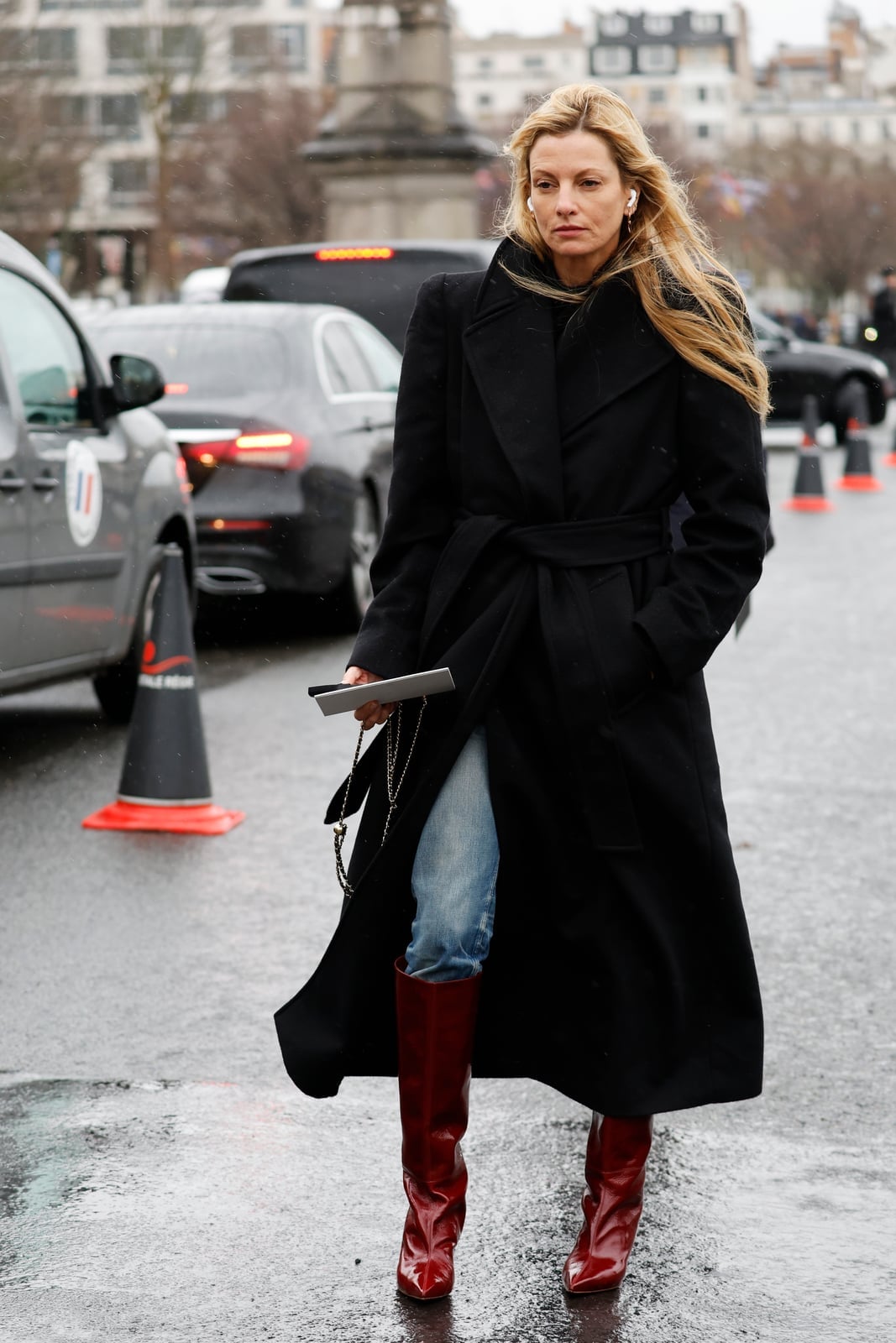 Red Knee High Patent Boots With Jeans And Trench Coat Red Knee High Patent Boots With Jeans And Trench Coat — Aesthetic Red Boots Outfit