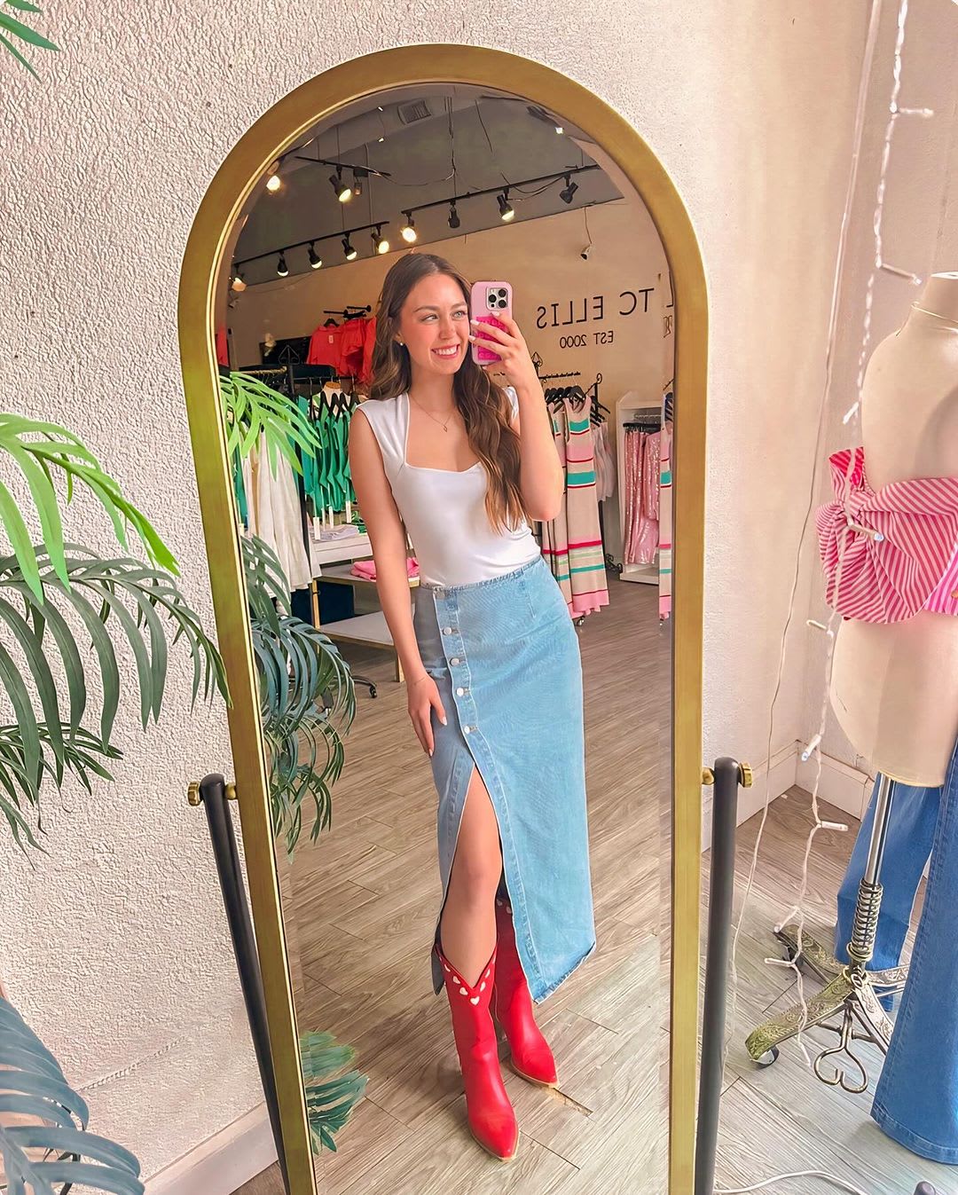 Red Cowboy Boots With Denim Maxi Skirt, Cotton Red Cowboy Boots With Denim Maxi Skirt, Cotton — Aesthetic Red Boots Outfit