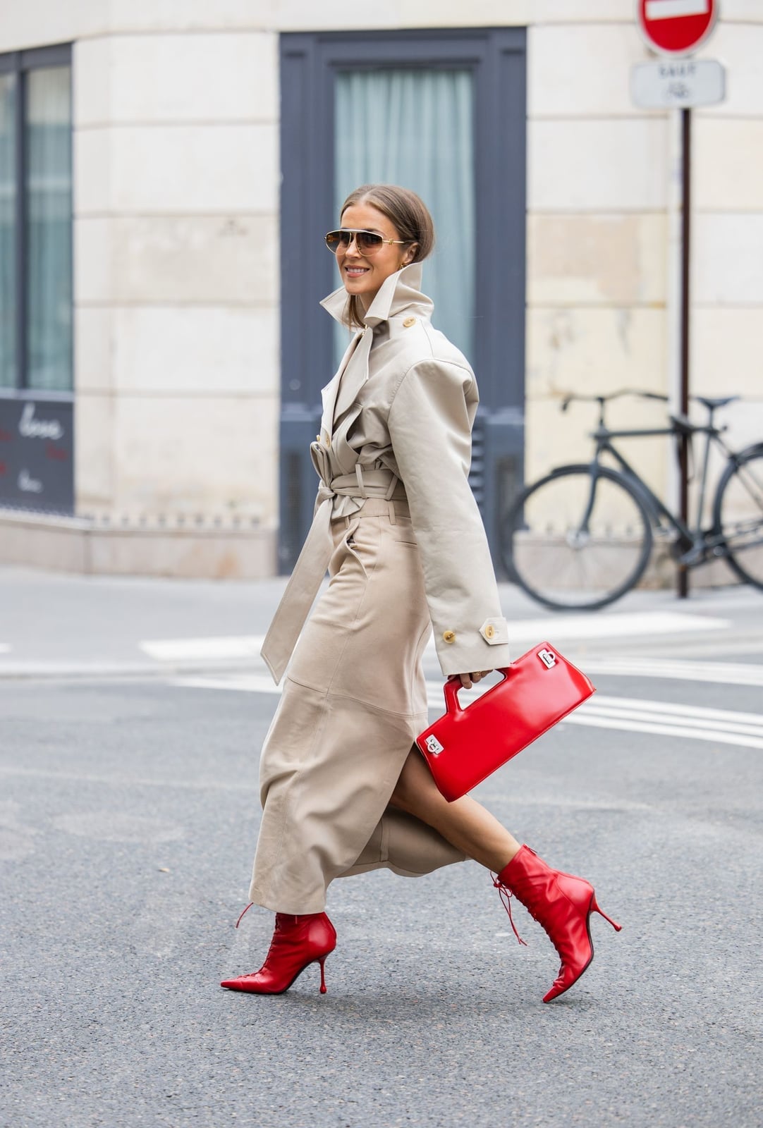 Red Stiletto Boots With Beige Trench Coat Red Stiletto Boots With Beige Trench Coat — Aesthetic Red Boots Outfit