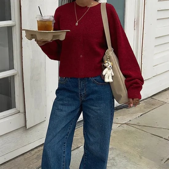 Deep Red Textured Cardigan with Denim and a Teddy Bear Charm Bag Deep Red Textured Cardigan with Denim and a Teddy Bear Charm Bag — Aesthetic Red Cardigan Outfit