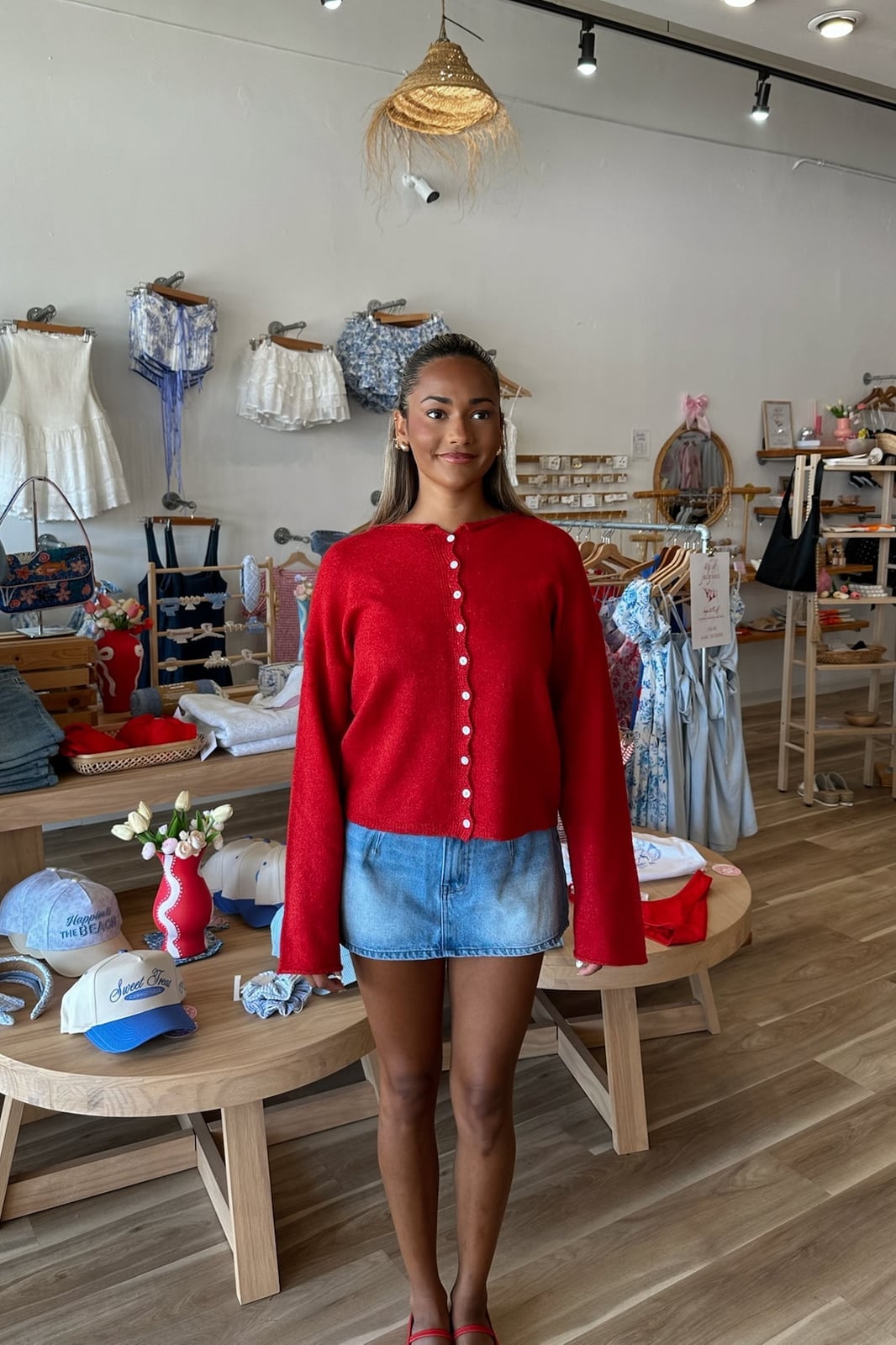 Red Textured Knit Cardigan with a Denim Mini Skirt Red Textured Knit Cardigan with a Denim Mini Skirt — Aesthetic Red Cardigan Outfit