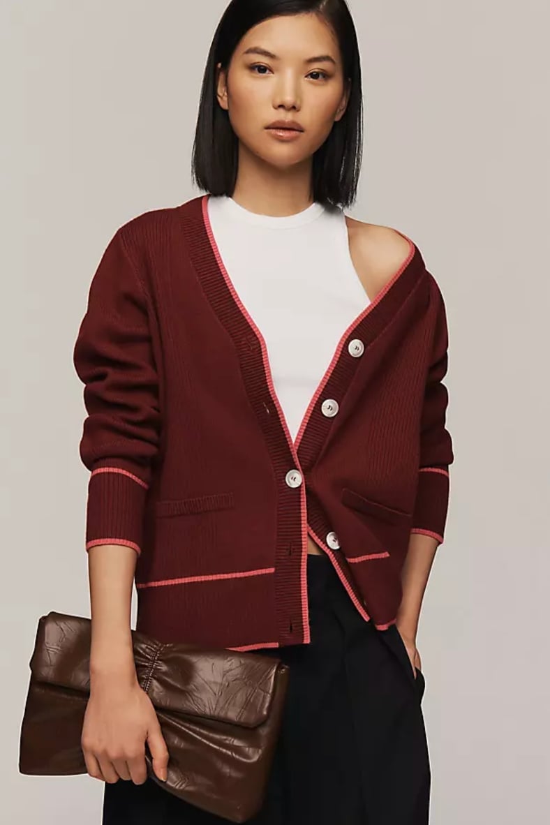 Maroon Ribbed Cardigan with Pink Trim and Clutch Bag Maroon Ribbed Cardigan with Pink Trim and Clutch Bag — Aesthetic Red Cardigan Outfit