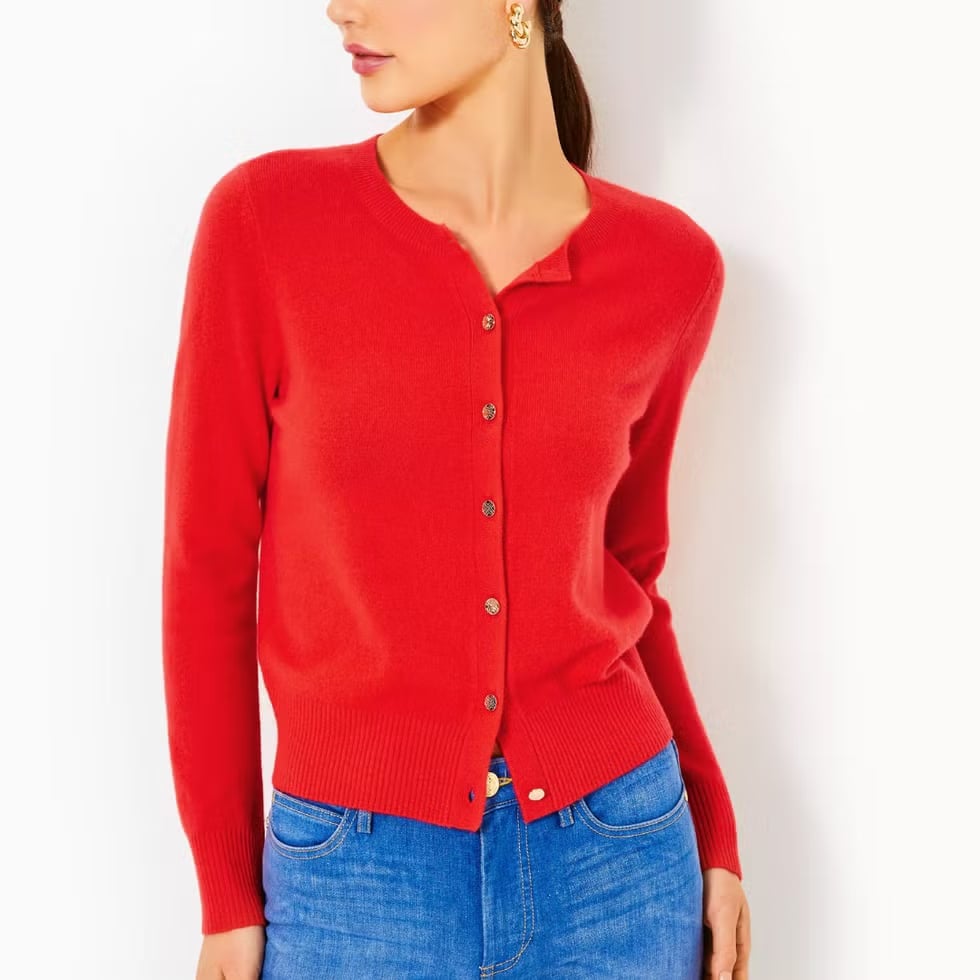 Fitted Red Cardigan with Statement Buttons and Gold Earrings Fitted Red Cardigan with Statement Buttons and Gold Earrings — Aesthetic Red Cardigan Outfit