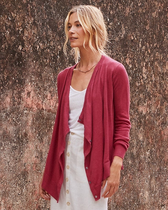 Pinkish-red Drape-Front Cardigan with White Linen Skirt Pinkish-red Drape-Front Cardigan with White Linen Skirt — Aesthetic Red Cardigan Outfit