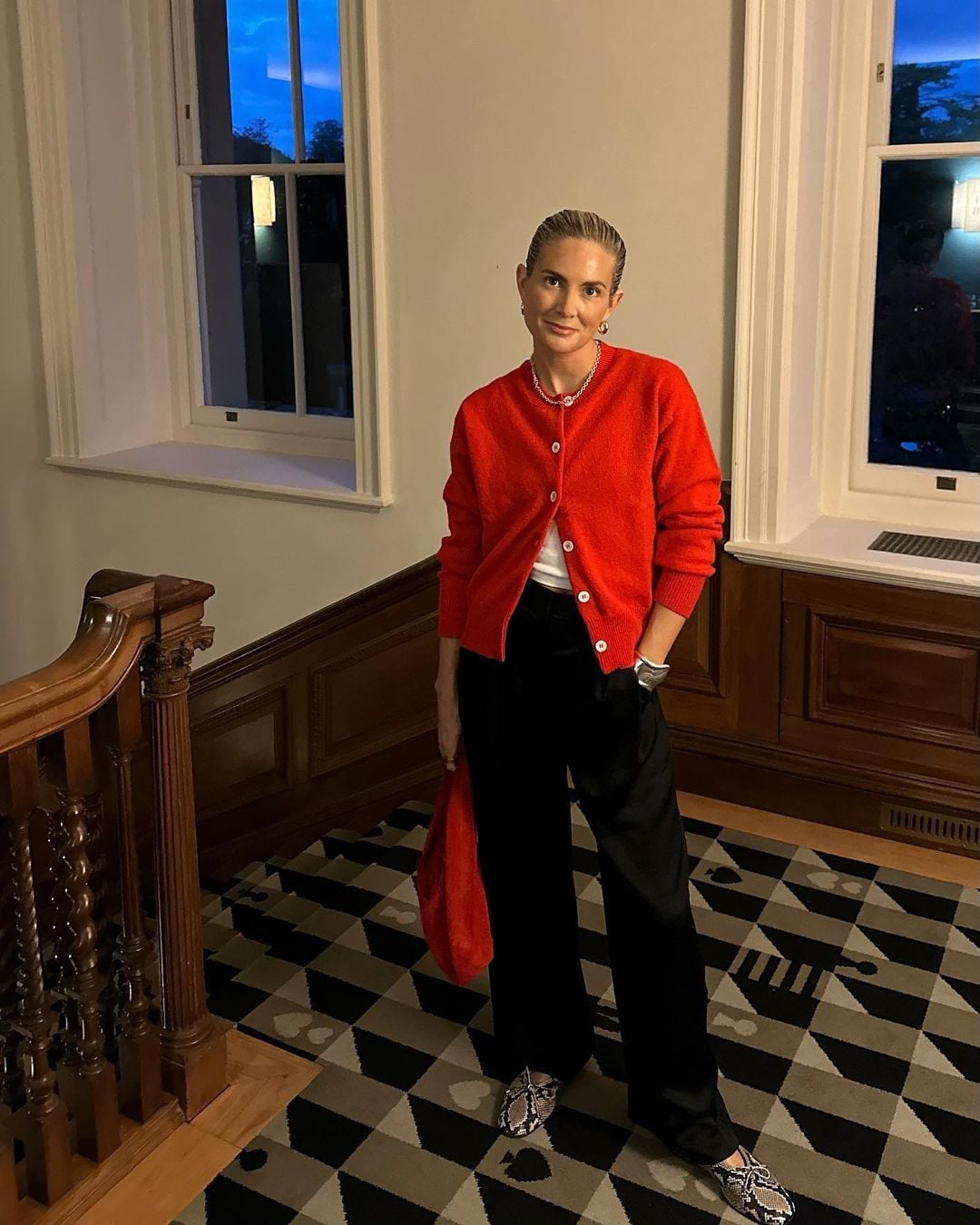 Red Cardigan Over White Tee with Wide-Leg Trousers and Loafers, Knit Red Cardigan Over White Tee with Wide-Leg Trousers and Loafers, Knit — Aesthetic Red Cardigan Outfit