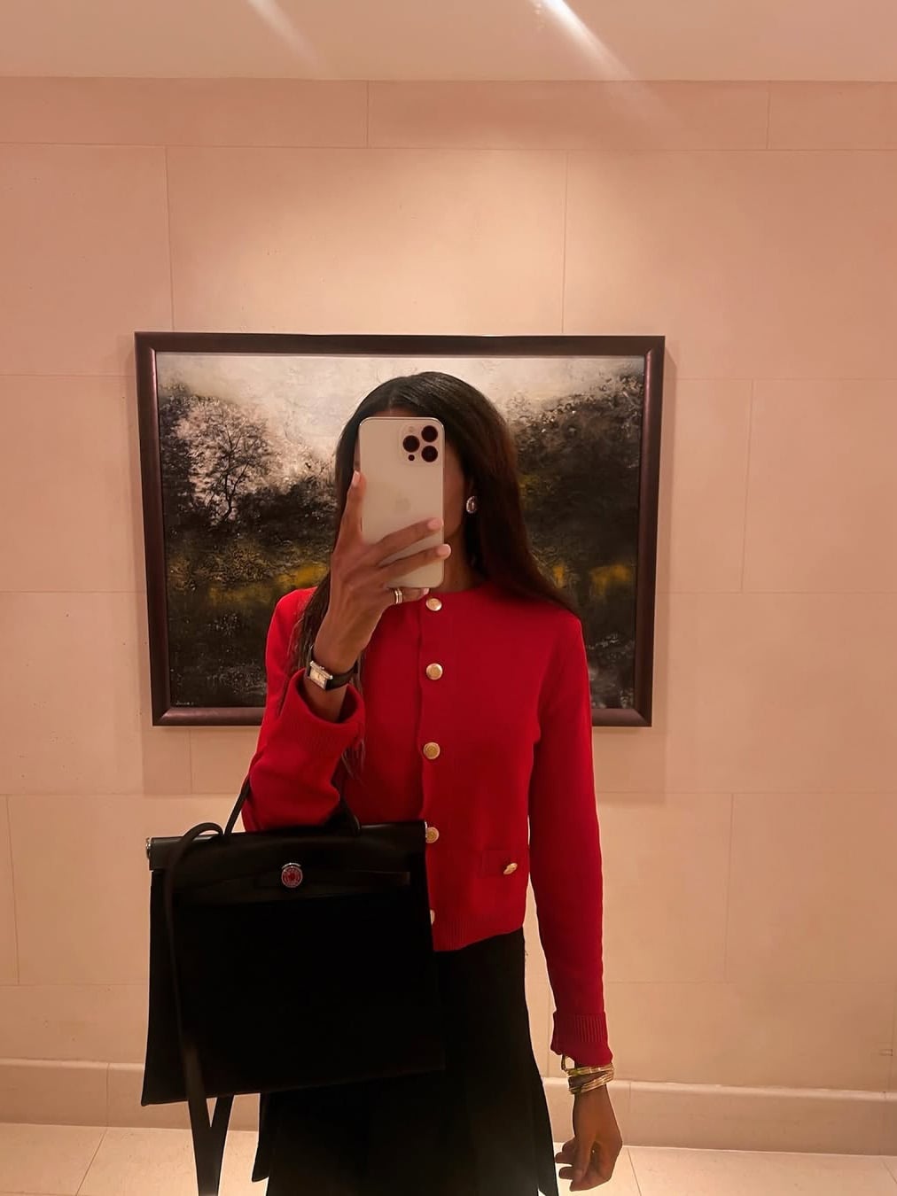 Red Fine Knit Cardigan with Gold Buttons and Black Handbag Red Fine Knit Cardigan with Gold Buttons and Black Handbag — Aesthetic Red Cardigan Outfit