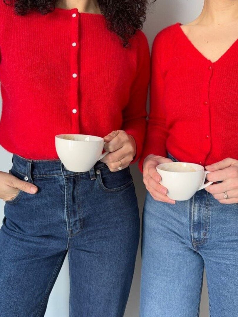 Matching Fitted Red Cardigans with Blue Denim Matching Fitted Red Cardigans with Blue Denim — Aesthetic Red Cardigan Outfit