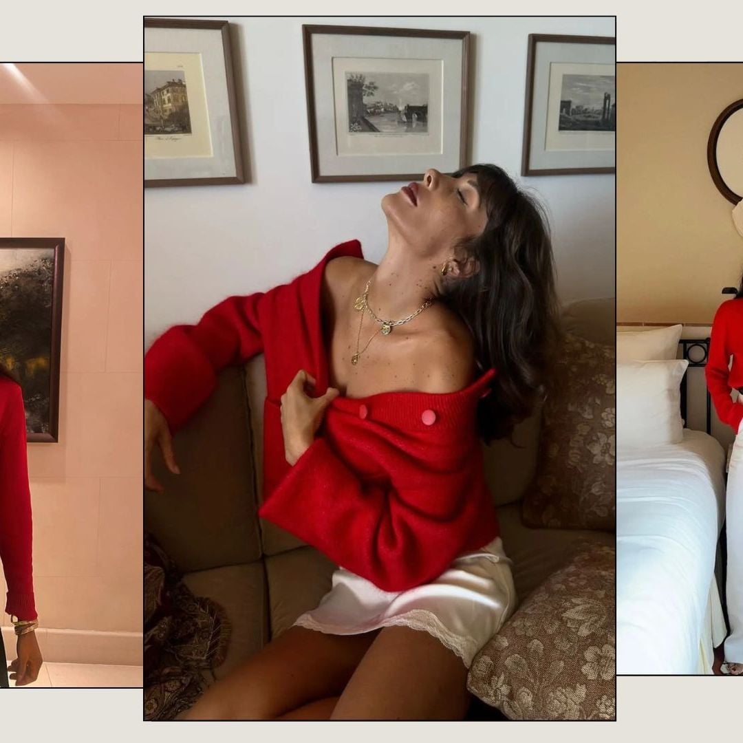 Vibrant Red Chunky Knit Cardigan Over a White Slip Dress Vibrant Red Chunky Knit Cardigan Over a White Slip Dress — Aesthetic Red Cardigan Outfit