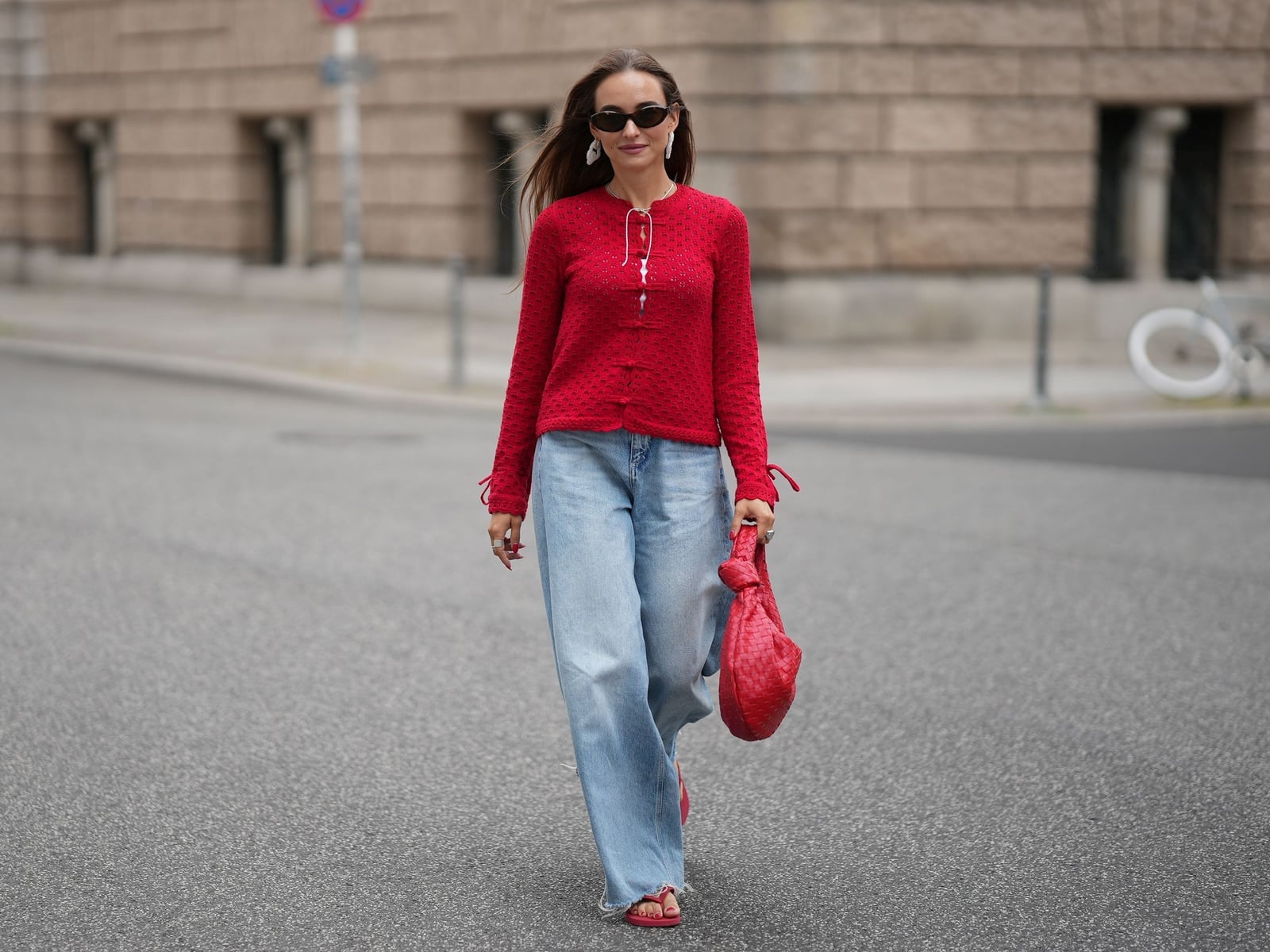 Textured Red Cardigan with Statement Buttons and Matching Sandals Textured Red Cardigan with Statement Buttons and Matching Sandals — Aesthetic Red Cardigan Outfit