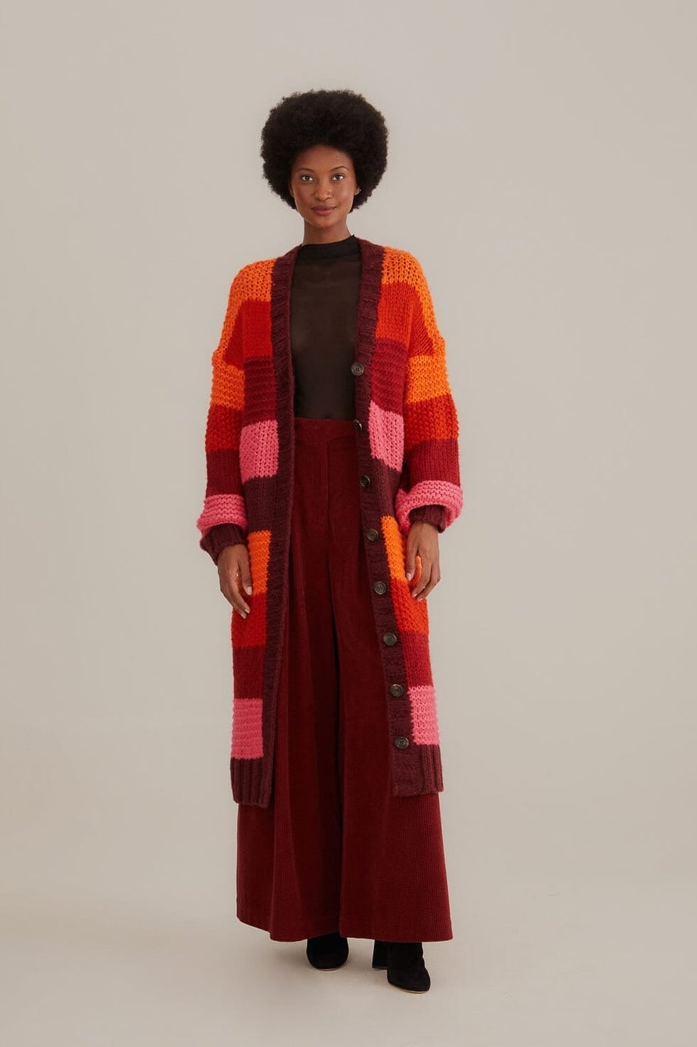 Color-block Red, Pink, and Orange Chunky Knit Cardigan Color-block Red, Pink, and Orange Chunky Knit Cardigan — Aesthetic Red Cardigan Outfit