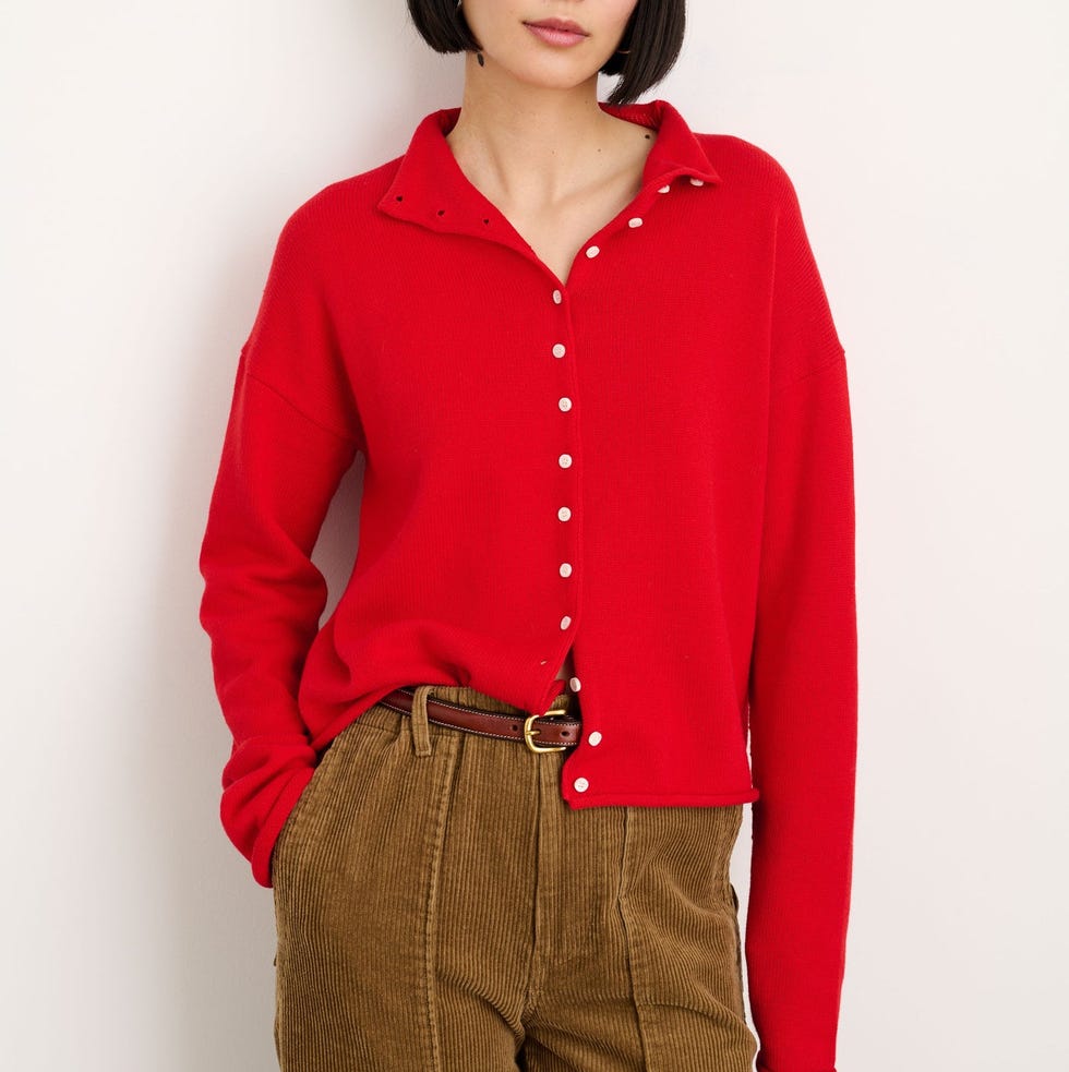 Red Collared Cardigan with White Buttons and Brown Trousers Red Collared Cardigan with White Buttons and Brown Trousers — Aesthetic Red Cardigan Outfit