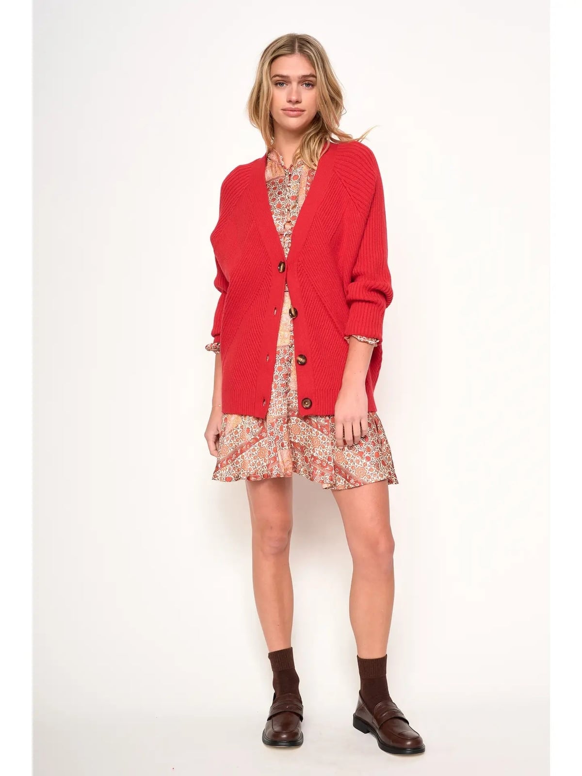 Oversized Red Cardigan Over a Cream Patterned Dress Oversized Red Cardigan Over a Cream Patterned Dress — Aesthetic Red Cardigan Outfit