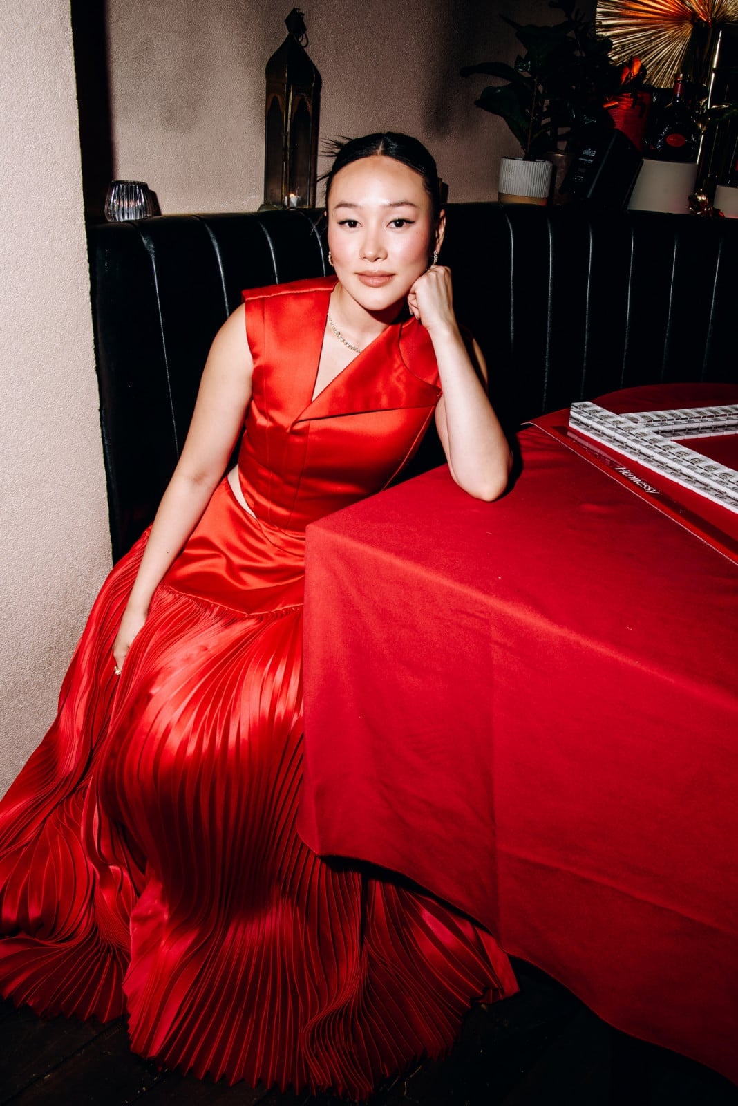Bright Red Satin Top and Pleated Skirt — Aesthetic Red Carpet Dresses