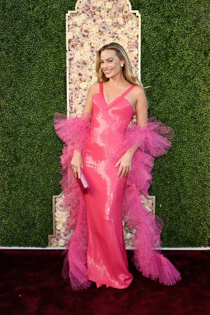 Pink Sequined Gown with Tulle Boa — Aesthetic Red Carpet Dresses
