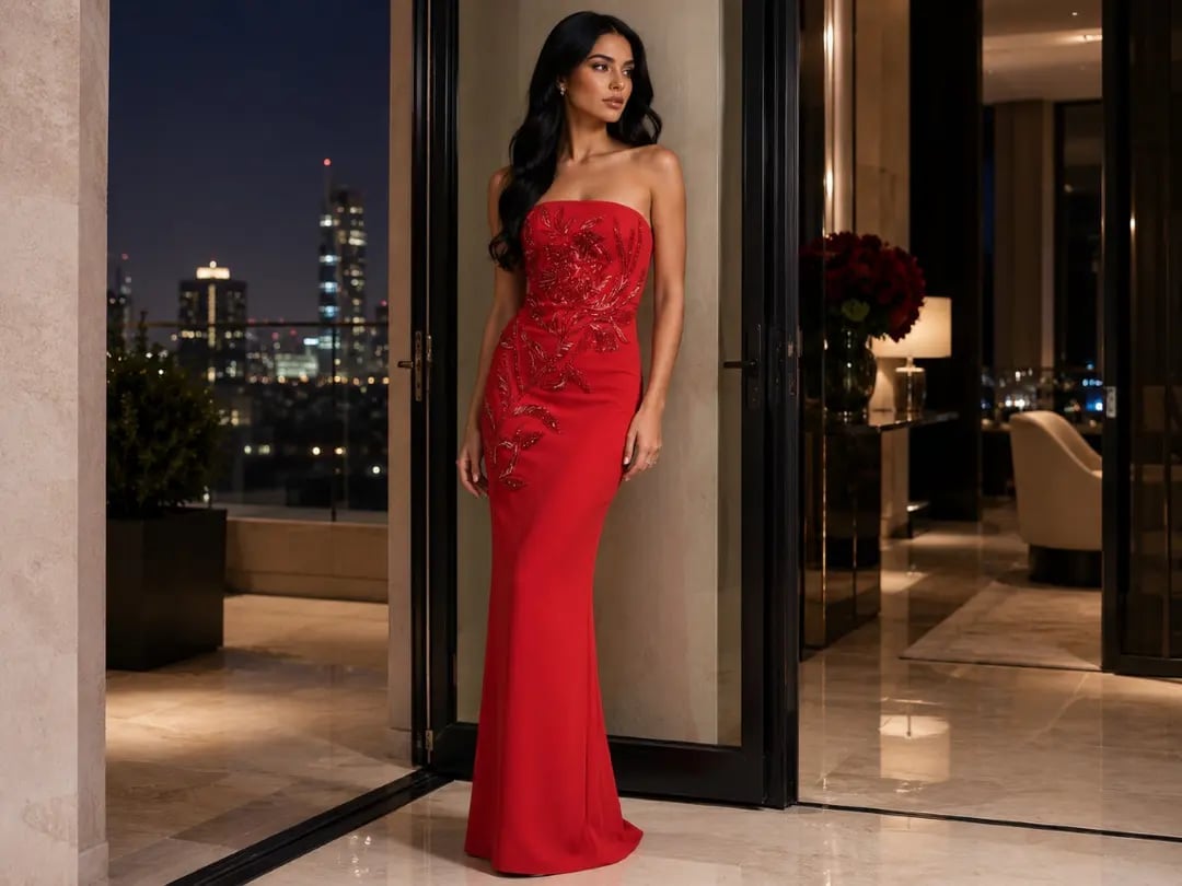 Red Crepe Gown with Beaded Embellishments — Aesthetic Red Carpet Dresses