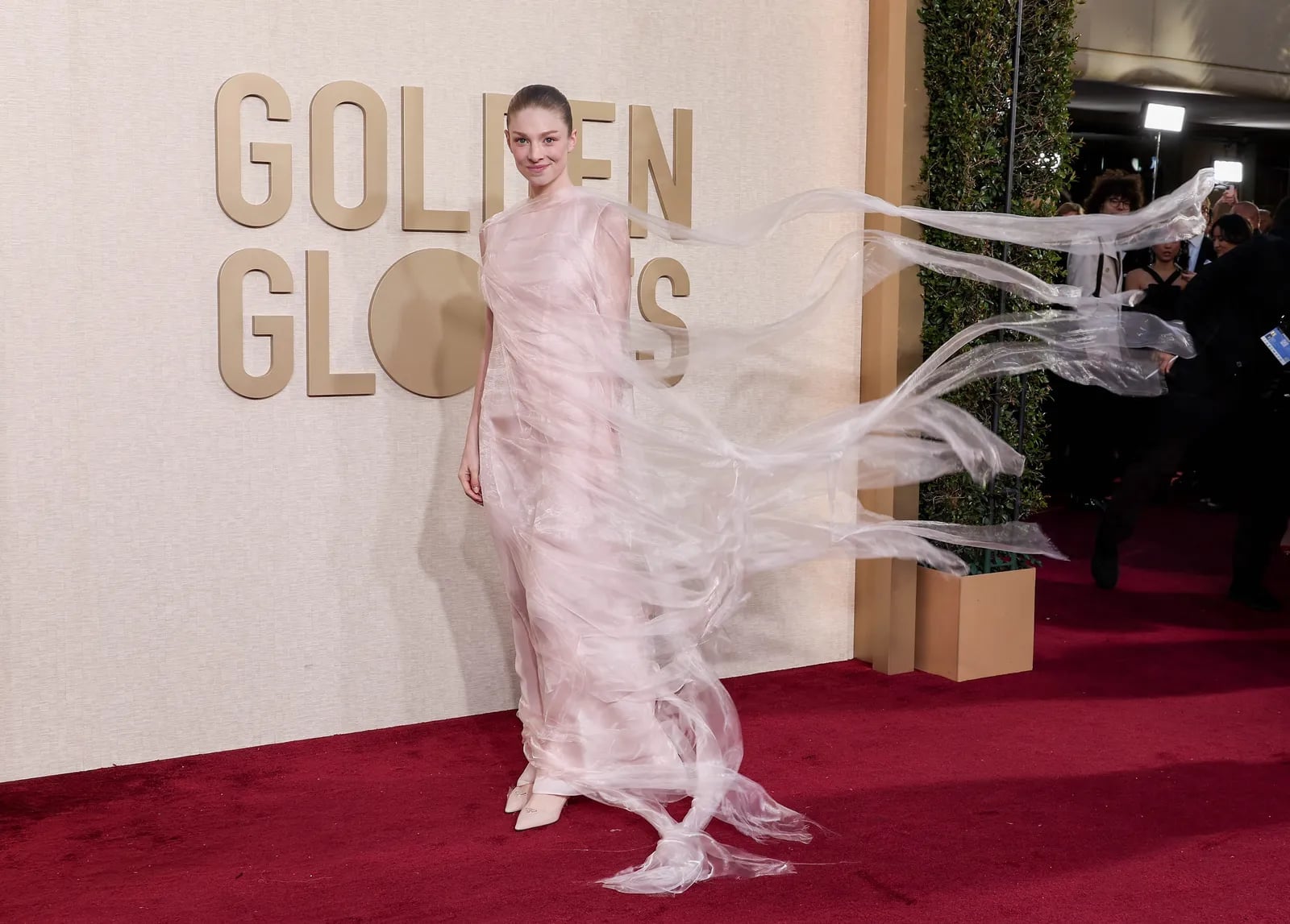 Pink Textured Dress with Sheer Overlay and Floor-Length Silhouette — Aesthetic Red Carpet Dresses