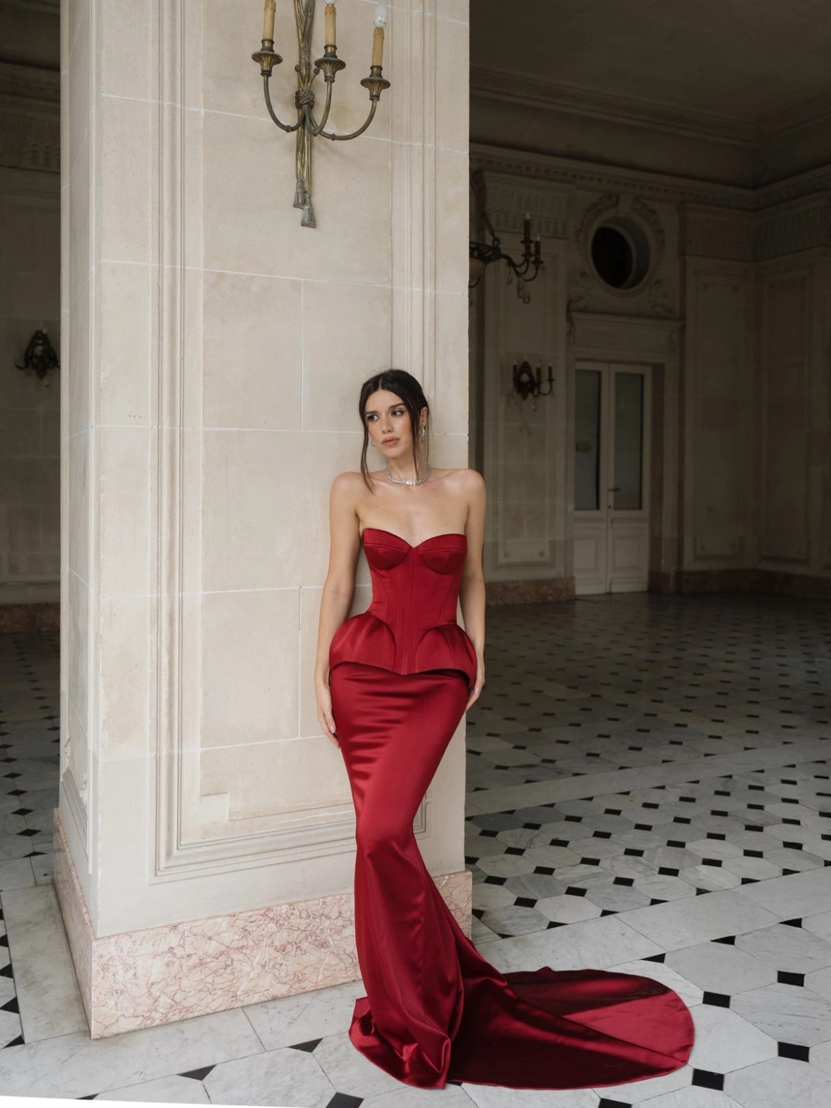 Strapless Red Satin Mermaid Gown, Close-Up Take — Aesthetic Red Carpet Dresses