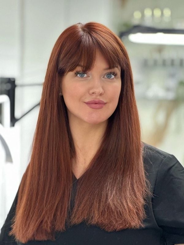 Auburn Red Blowout With Curtain Bangs, Mid-Back Auburn Red Blowout With Curtain Bangs, Mid-Back — Aesthetic Red Hair