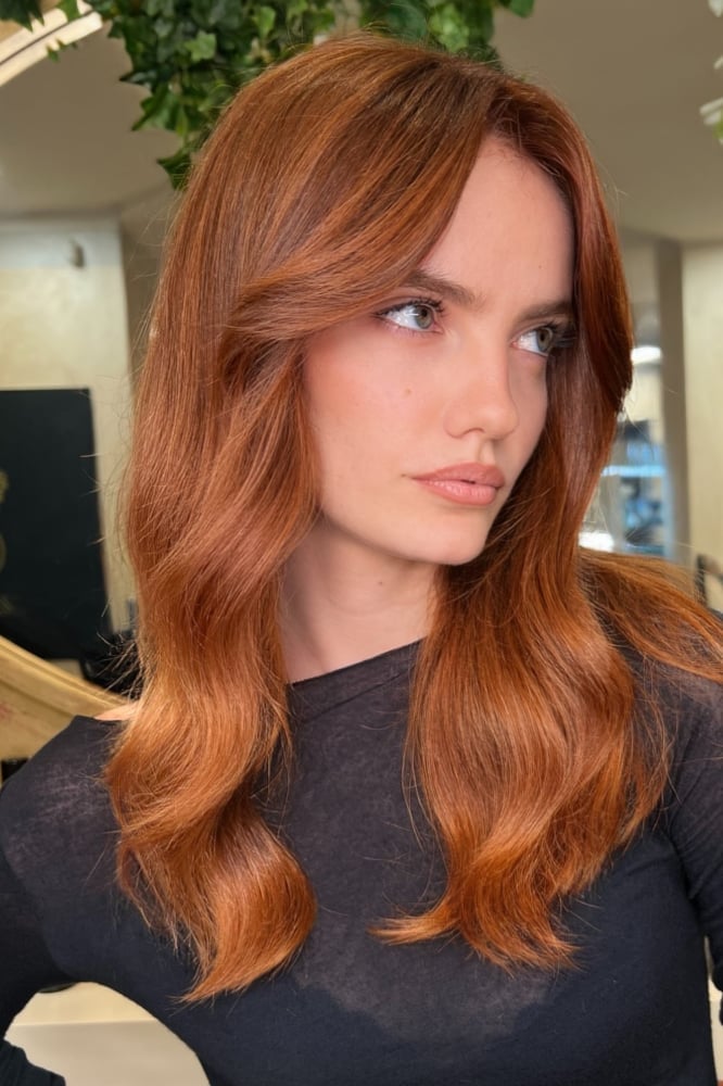 Collarbone Copper Red With Curtain Bangs Collarbone Copper Red With Curtain Bangs — Aesthetic Red Hair