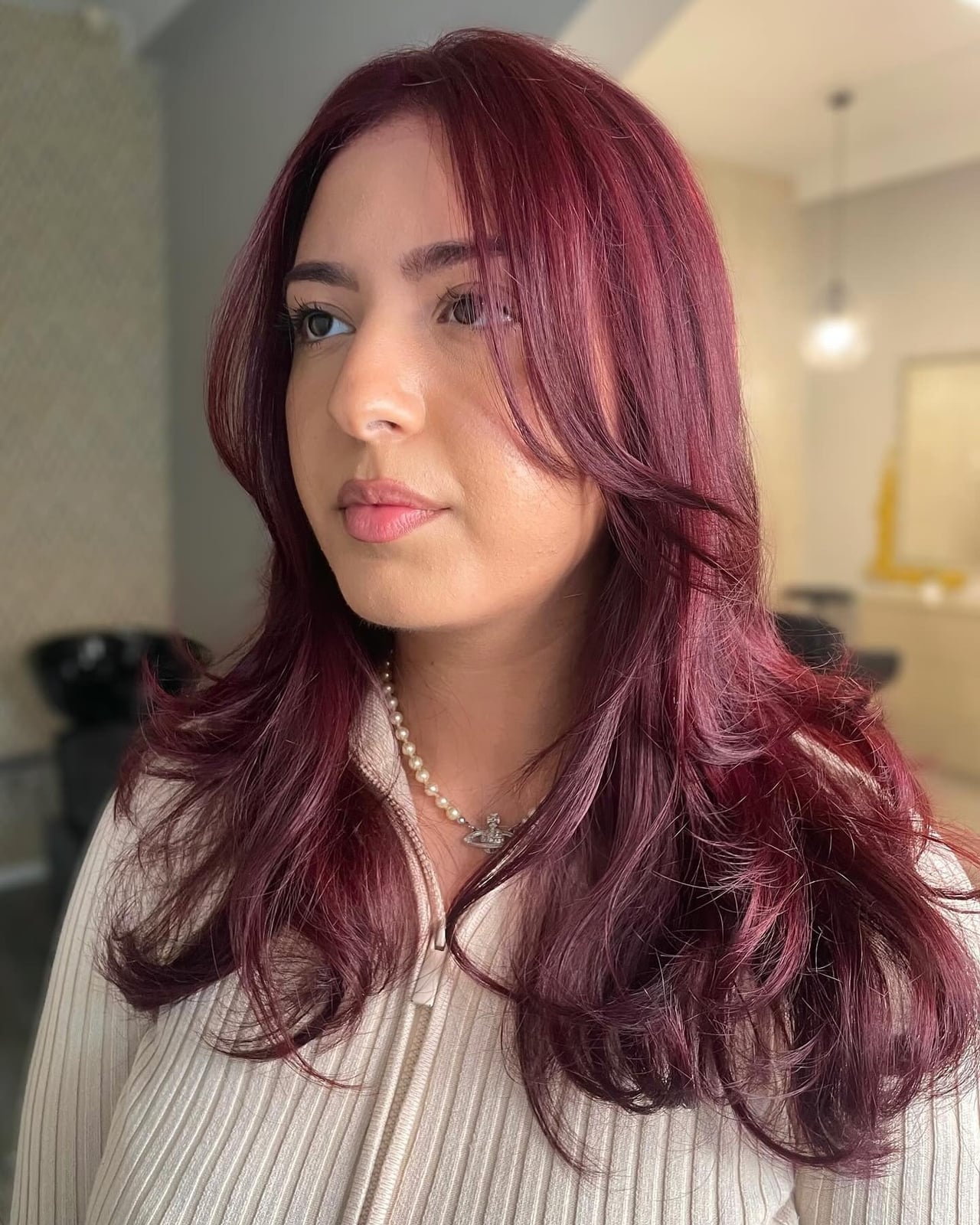 Shoulder Length Dark Red With Curtain Bangs Shoulder Length Dark Red With Curtain Bangs — Aesthetic Red Hair