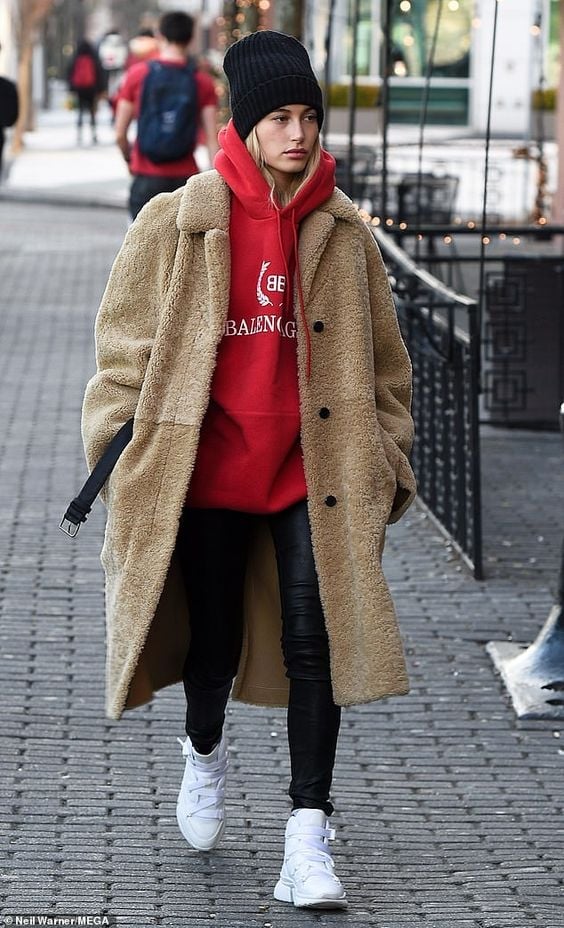 Oversized Red Hoodie Under a Long Teddy Coat — Aesthetic Red Hoodie Outfit