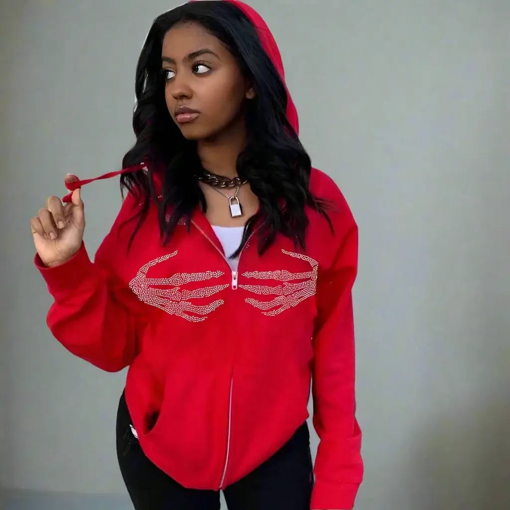 Red Zip-Up Hoodie with Rhinestone Skeleton Graphics — Aesthetic Red Hoodie Outfit