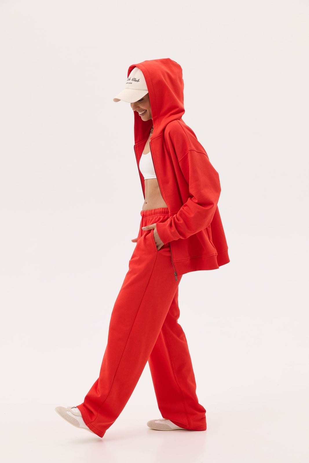 Red Zip-Up Hoodie with White Bralette, Office-Safe Version — Aesthetic Red Hoodie Outfit