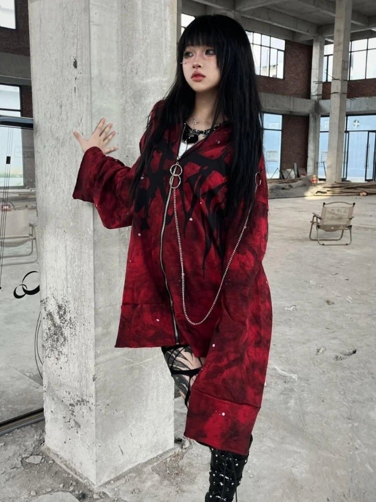 Red and Black Tie-Dye Hoodie with Chain Details, Close-Up Take — Aesthetic Red Hoodie Outfit