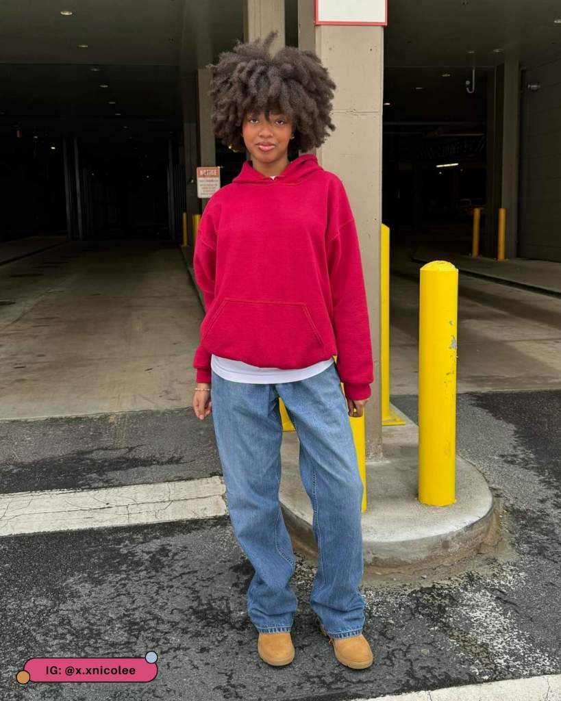 Oversized Red Hoodie with Light Blue Denim Jeans and Tan Suede Clogs — Aesthetic Red Hoodie Outfit