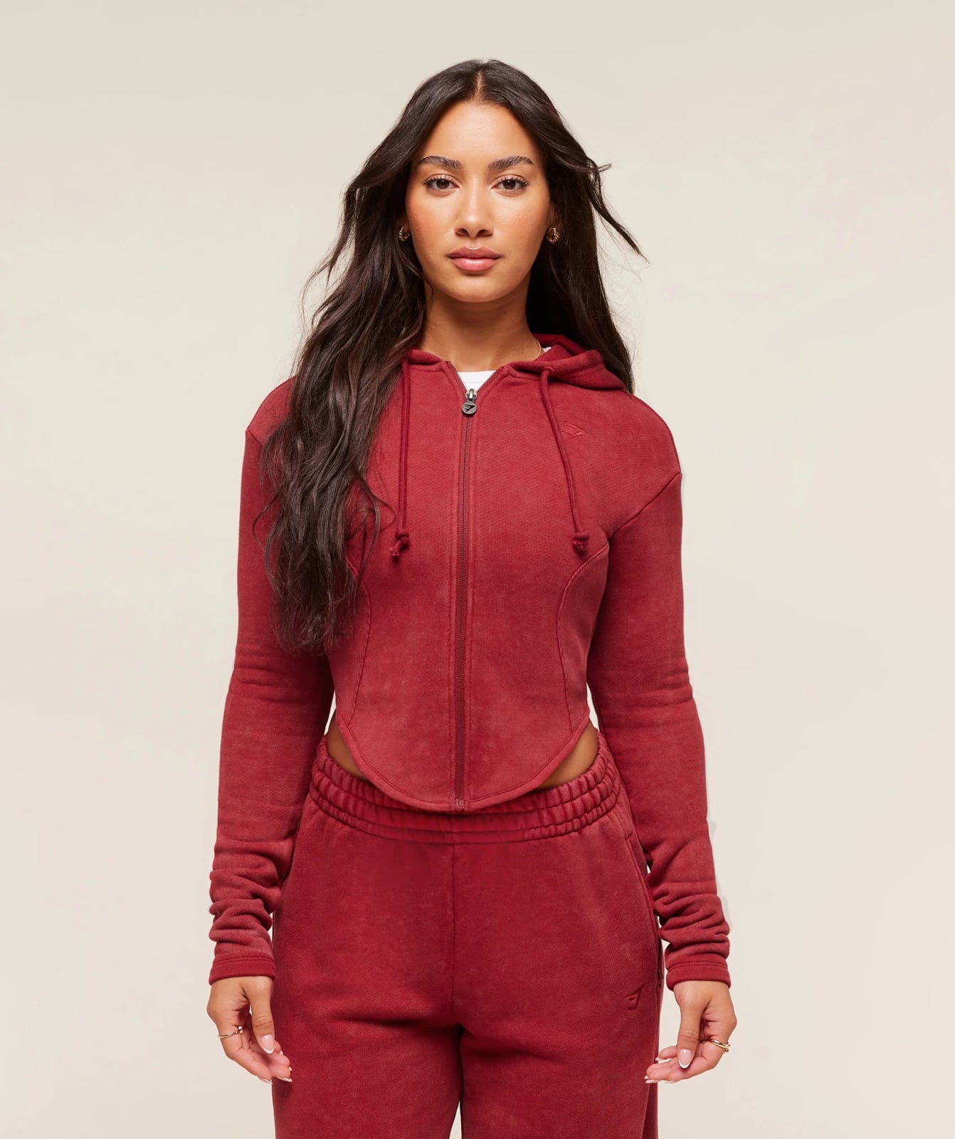 Red Zip-Up Hoodie with Cut-Out Waist Detail — Aesthetic Red Hoodie Outfit