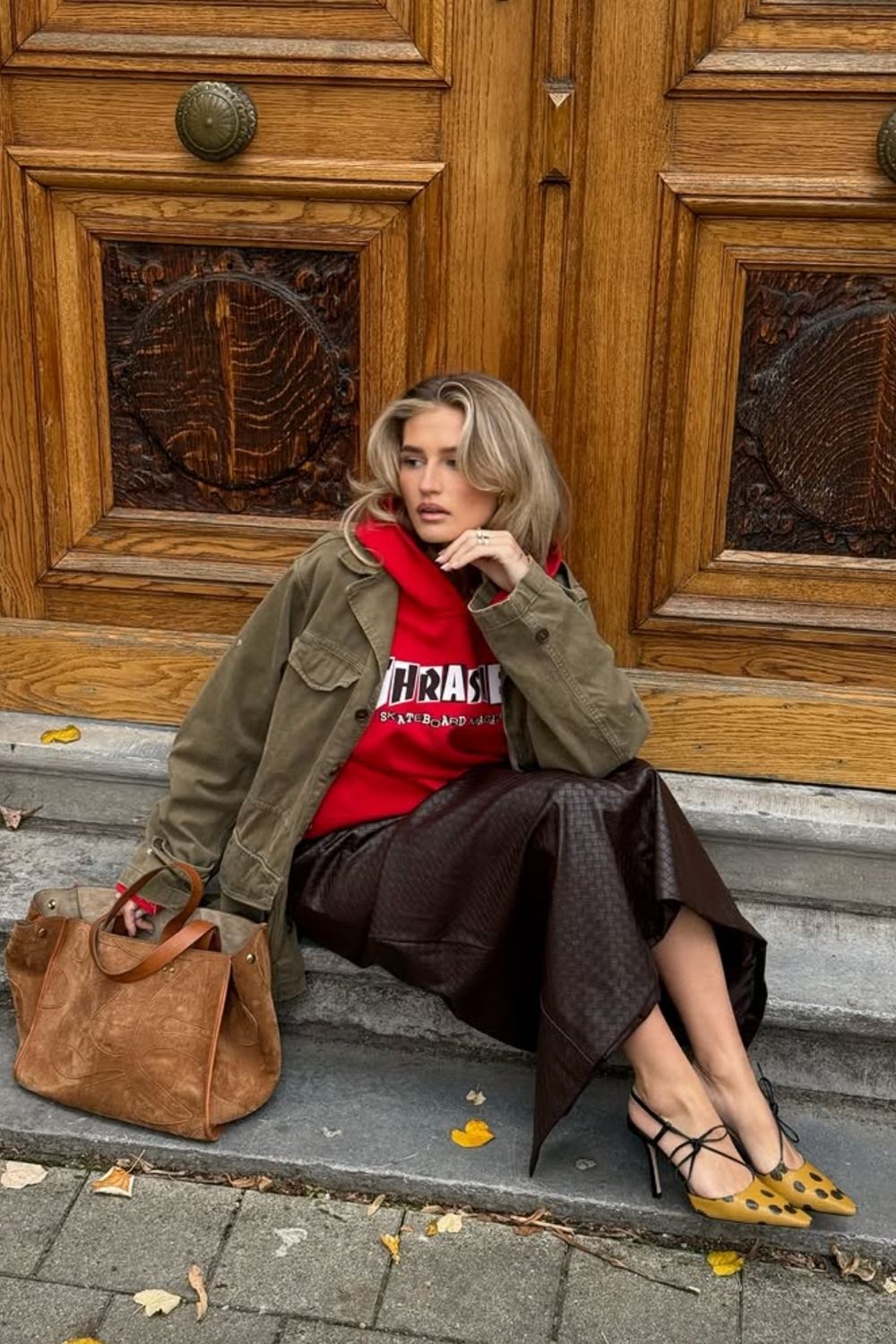 Graphic Red Hoodie with a Utility Jacket and Leather Skirt — Aesthetic Red Hoodie Outfit