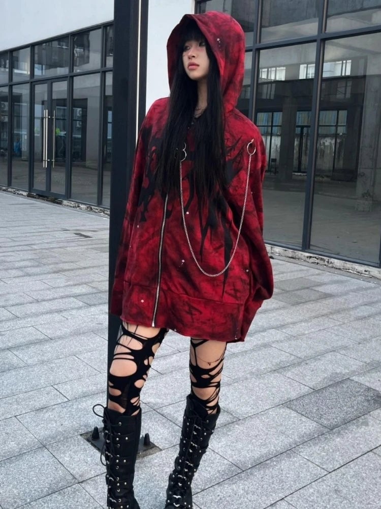 Distressed Red Tie-Dye Hoodie with Chains — Aesthetic Red Hoodie Outfit