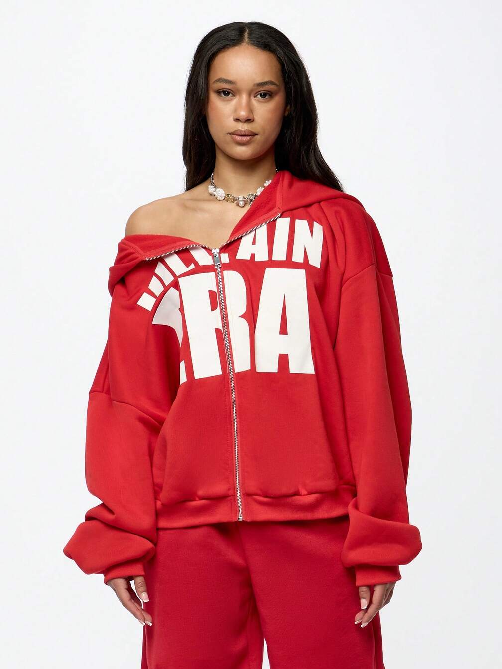 Oversized Red Zip-Up Hoodie with Graphic Text Off-The-Shoulder — Aesthetic Red Hoodie Outfit