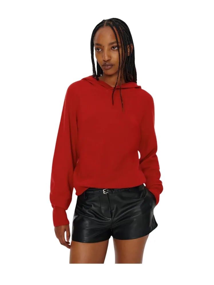 Fitted Red Knit Hoodie with Leather Shorts — Aesthetic Red Hoodie Outfit