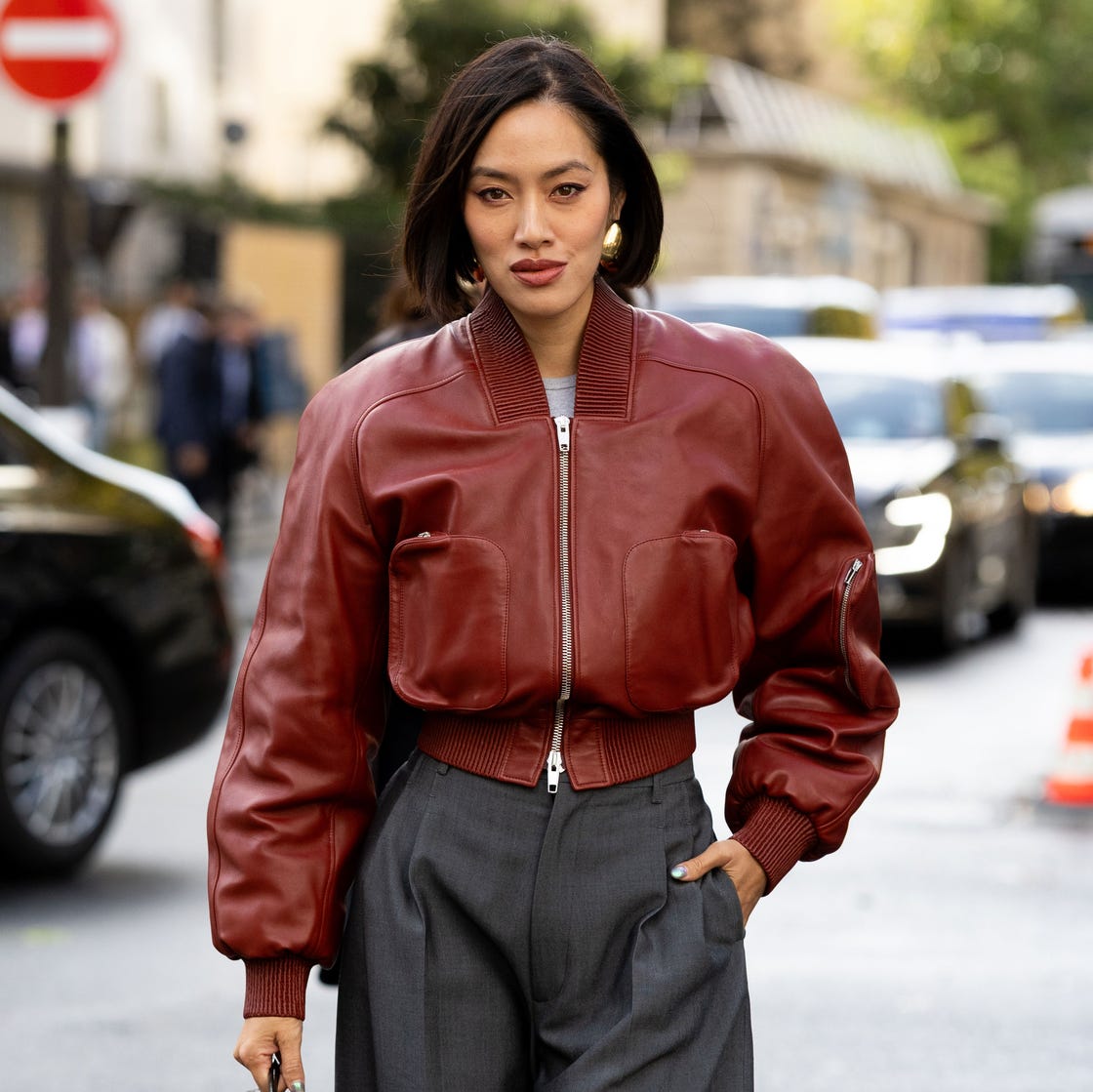 Red Leather Bomber Jacket with Gray Separates Red Leather Bomber Jacket with Gray Separates — Aesthetic Red Leather Jacket Outfit