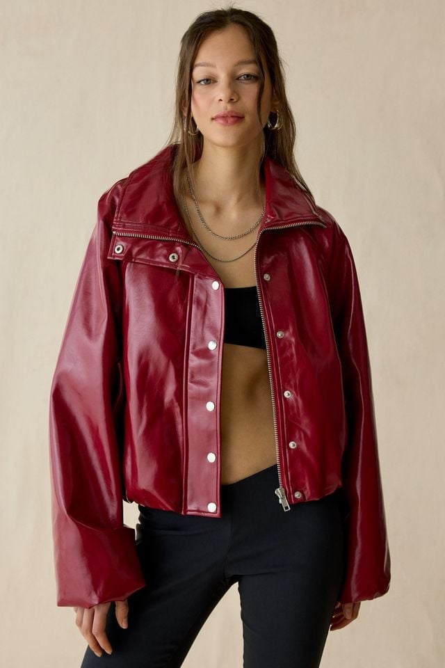 Shiny Red Faux Leather Jacket with Bandeau Top Shiny Red Faux Leather Jacket with Bandeau Top — Aesthetic Red Leather Jacket Outfit