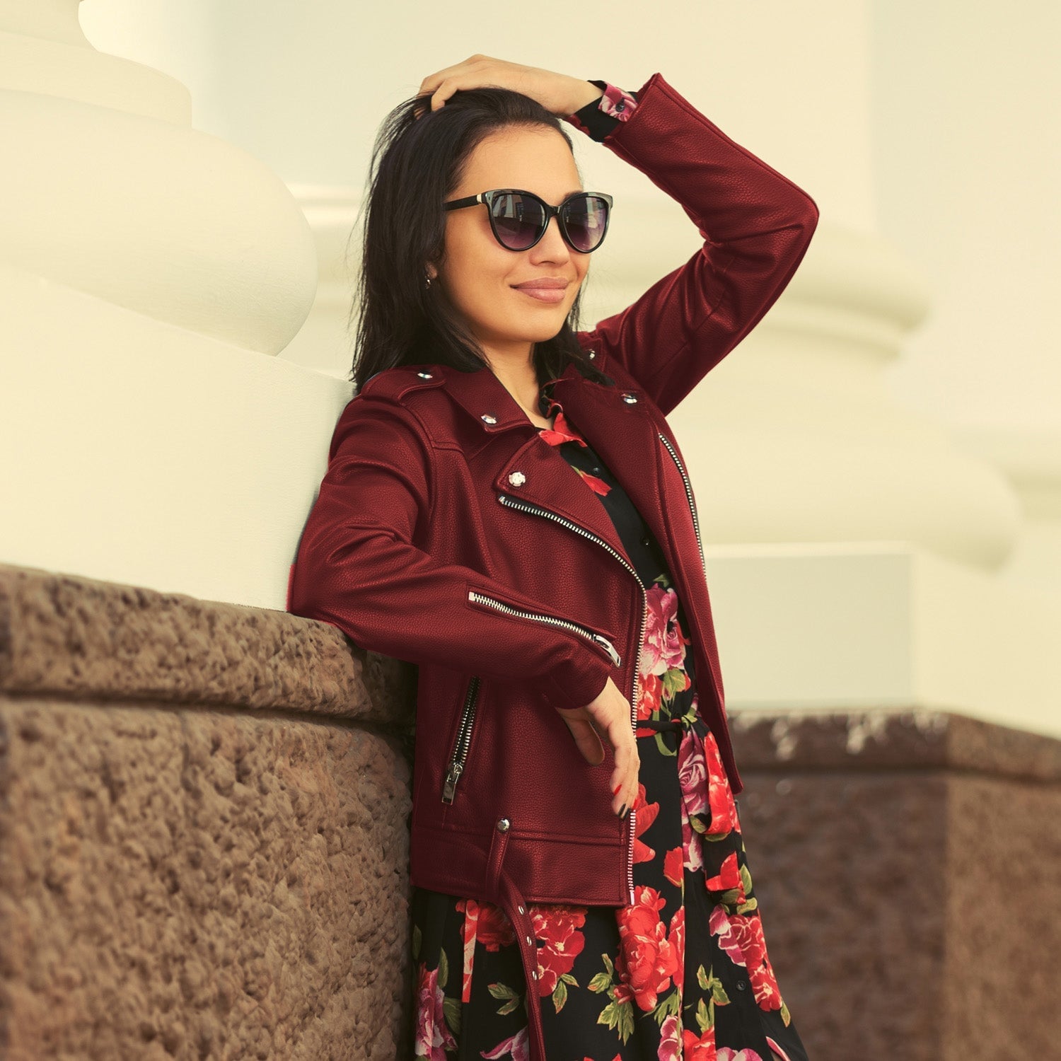 Red Faux Leather Jacket with Floral Dress Red Faux Leather Jacket with Floral Dress — Aesthetic Red Leather Jacket Outfit