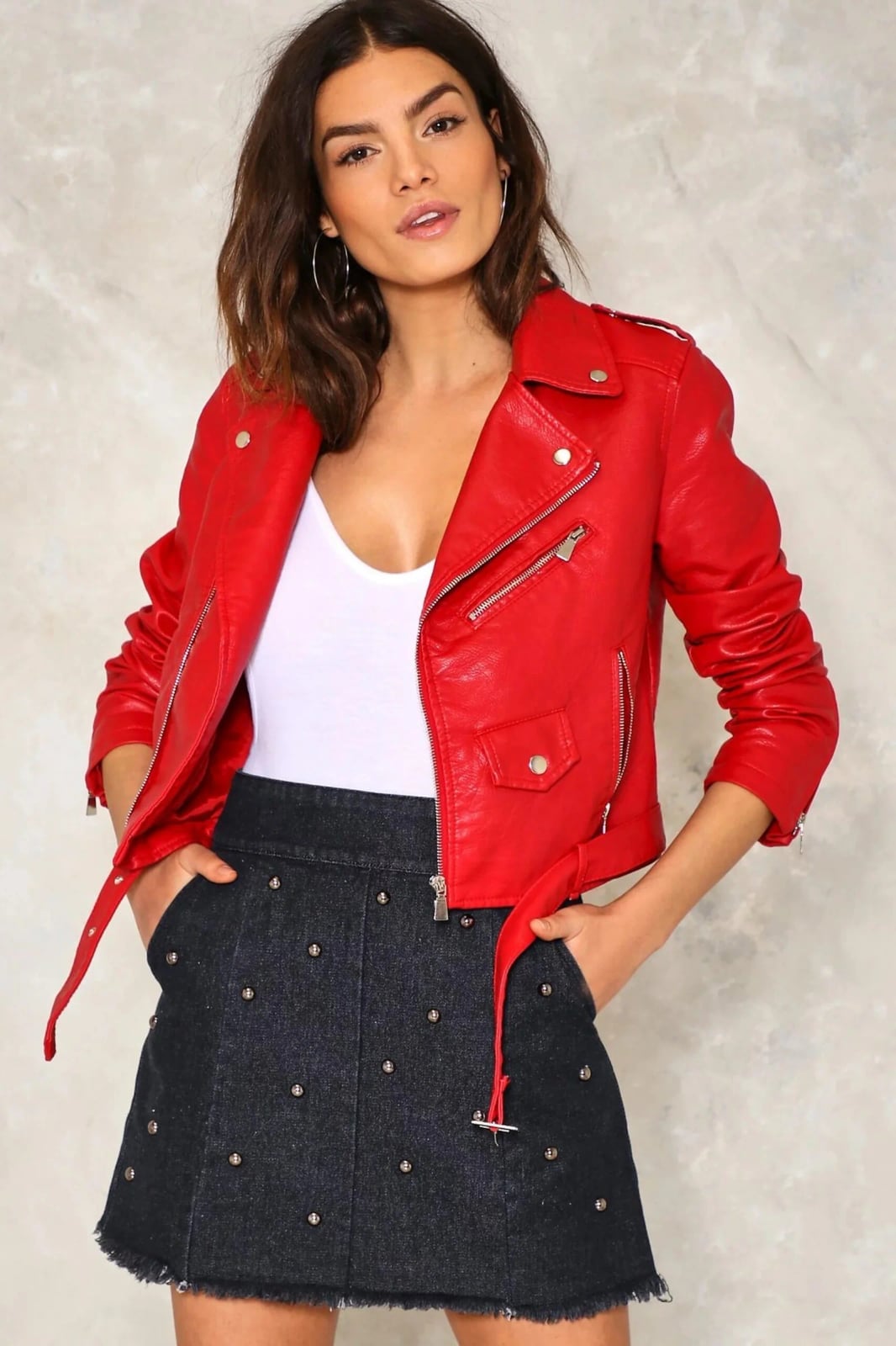 Red Leather Biker Jacket with Mini Skirt Red Leather Biker Jacket with Mini Skirt — Aesthetic Red Leather Jacket Outfit