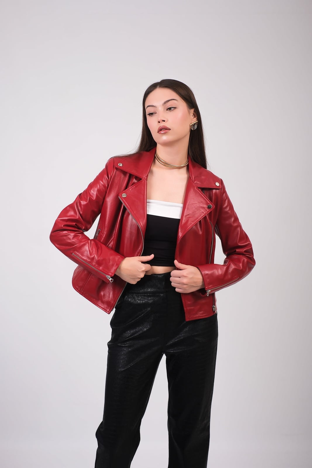 Red Leather Biker Jacket with Black Pants and Gold Accessories Red Leather Biker Jacket with Black Pants and Gold Accessories — Aesthetic Red Leather Jacket Outfit